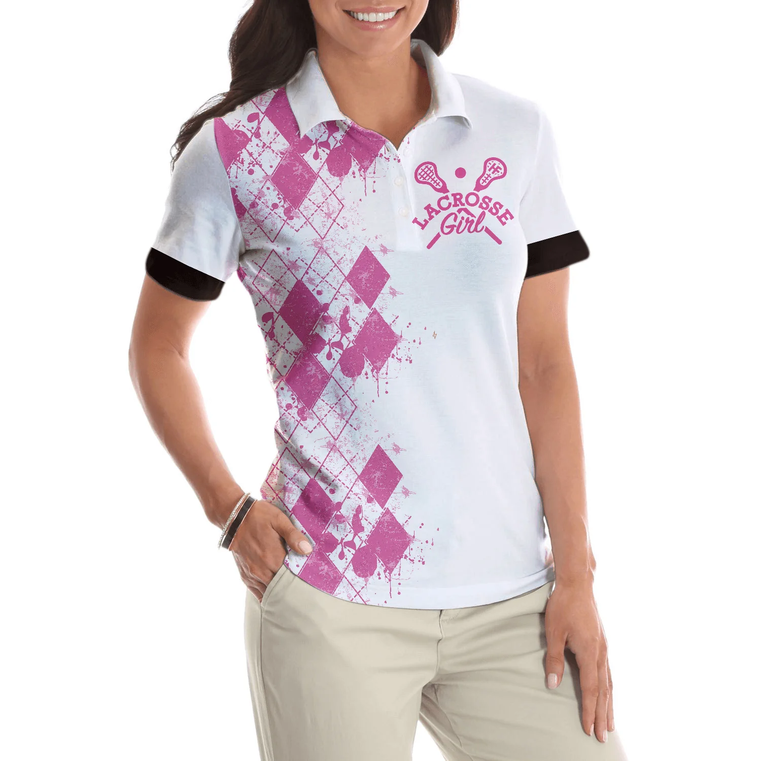 Lacrosse Women Polo Shirt, I Beat People With A Stick Lacrosse Women Polo Shirts, White And Pink Lacrosse Shirt For Ladies, Lacrosse Lovers - Image 5
