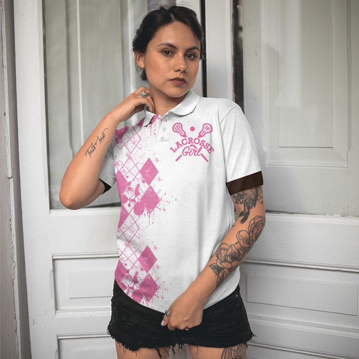 Lacrosse Women Polo Shirt, I Beat People With A Stick Lacrosse Women Polo Shirts, White And Pink Lacrosse Shirt For Ladies, Lacrosse Lovers - Image 6