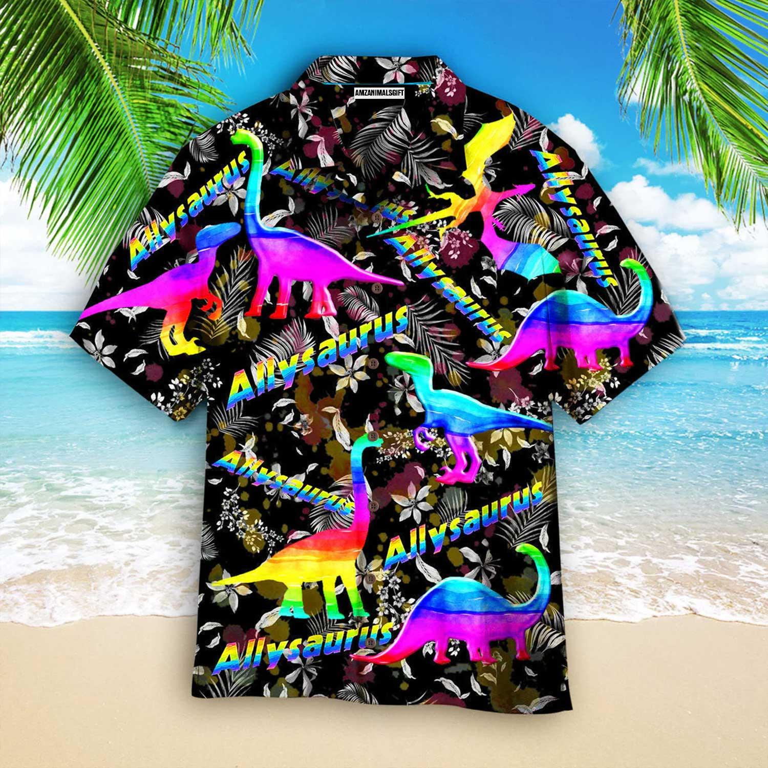 LGBT Aloha Hawaiian Shirts For Summer, Allysaurus Pride LGBT Ally Dinosaur Aloha Hawaiian Shirts For Men Women, Perfect Gift For Friend