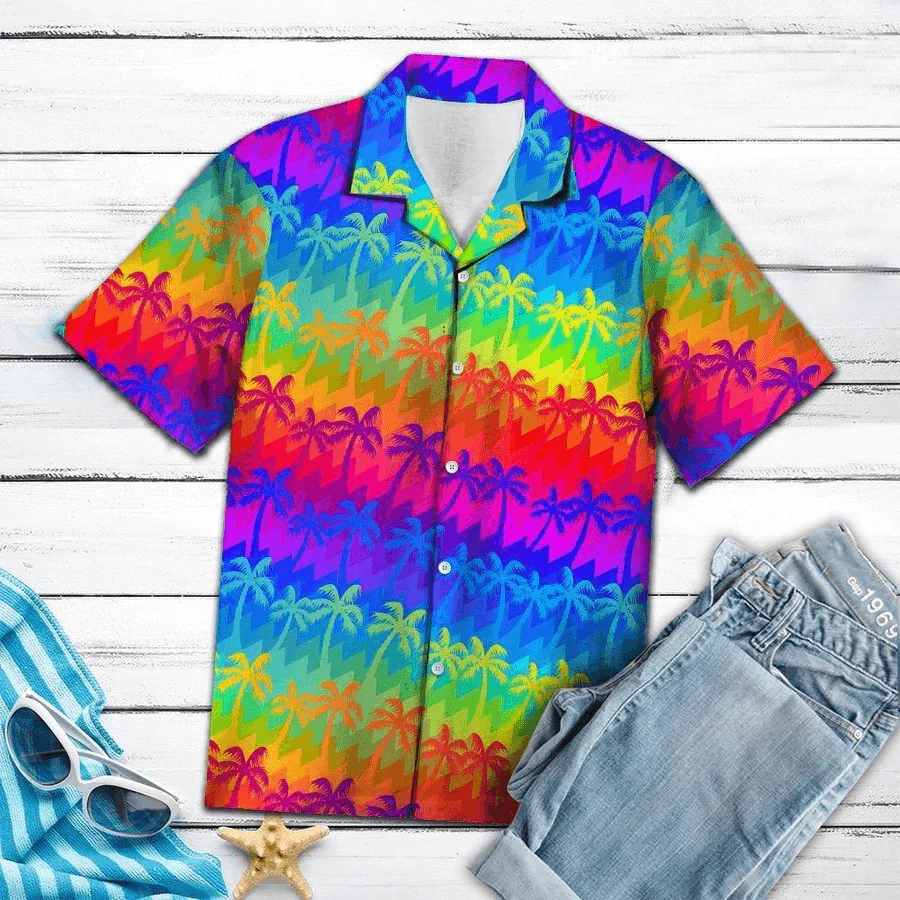 LGBT Aloha Hawaiian Shirts For Summer, Coconut Palm Tree Colorful Rainbow LGBT Pride Hawaiian Shirts, Gift For Couple Gaymer And Lesbian