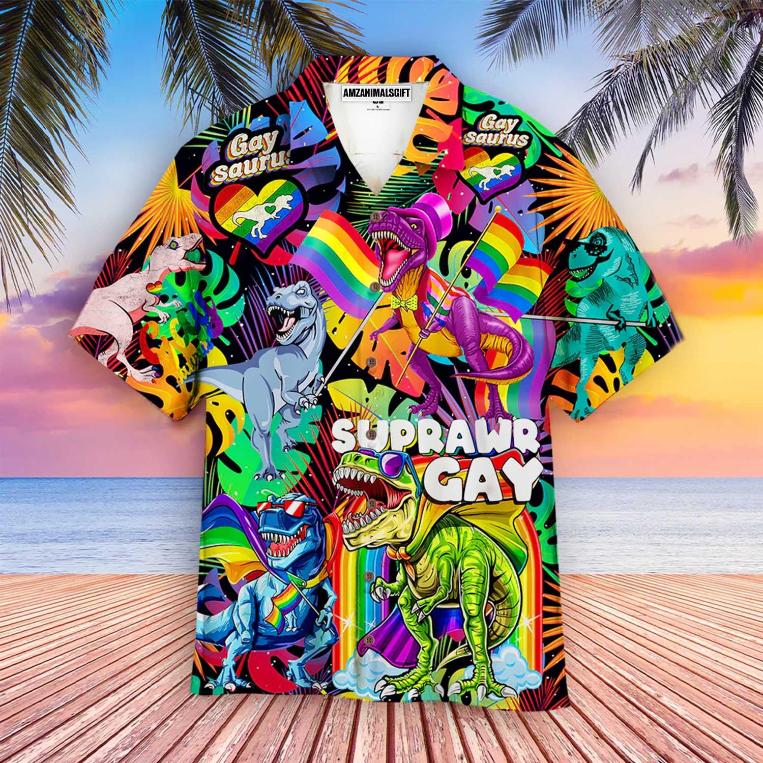 LGBT Aloha Hawaiian Shirts For Summer, Gay Saurus Happy Pride Month Colorful Rainbow Of LGBT Hawaiian Shirts, Gift For Gaymer And Lesbian, Friend