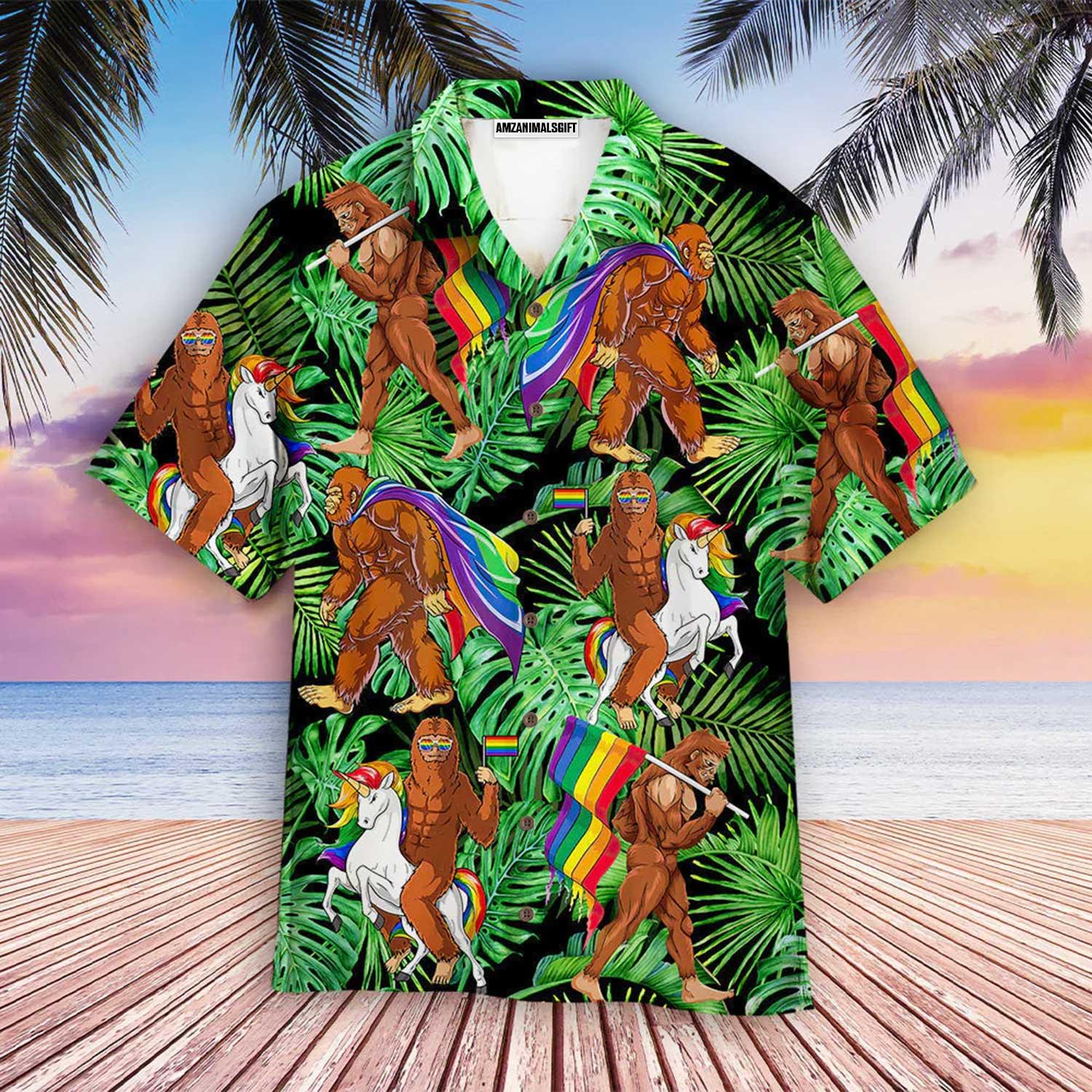 LGBT And Bigfoot Aloha Hawaiian Shirts For Summer, Bigfoot Gay Proud Of LGBT Rainbow Flag Colorful Hawaiian Shirts, Gift For Gaymer And Lesbian