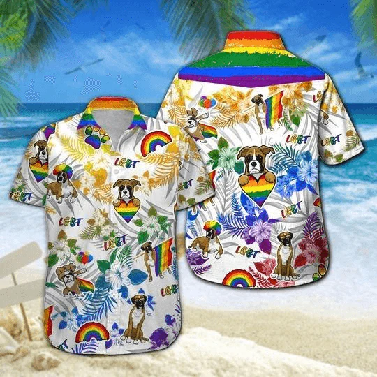 LGBT And Boxer Dog Aloha Hawaiian Shirts For Summer, Colorful Rainbow LGBT Pride Hawaiian Shirts, Gift For Couple Gaymer And Lesbian, Dog Lovers