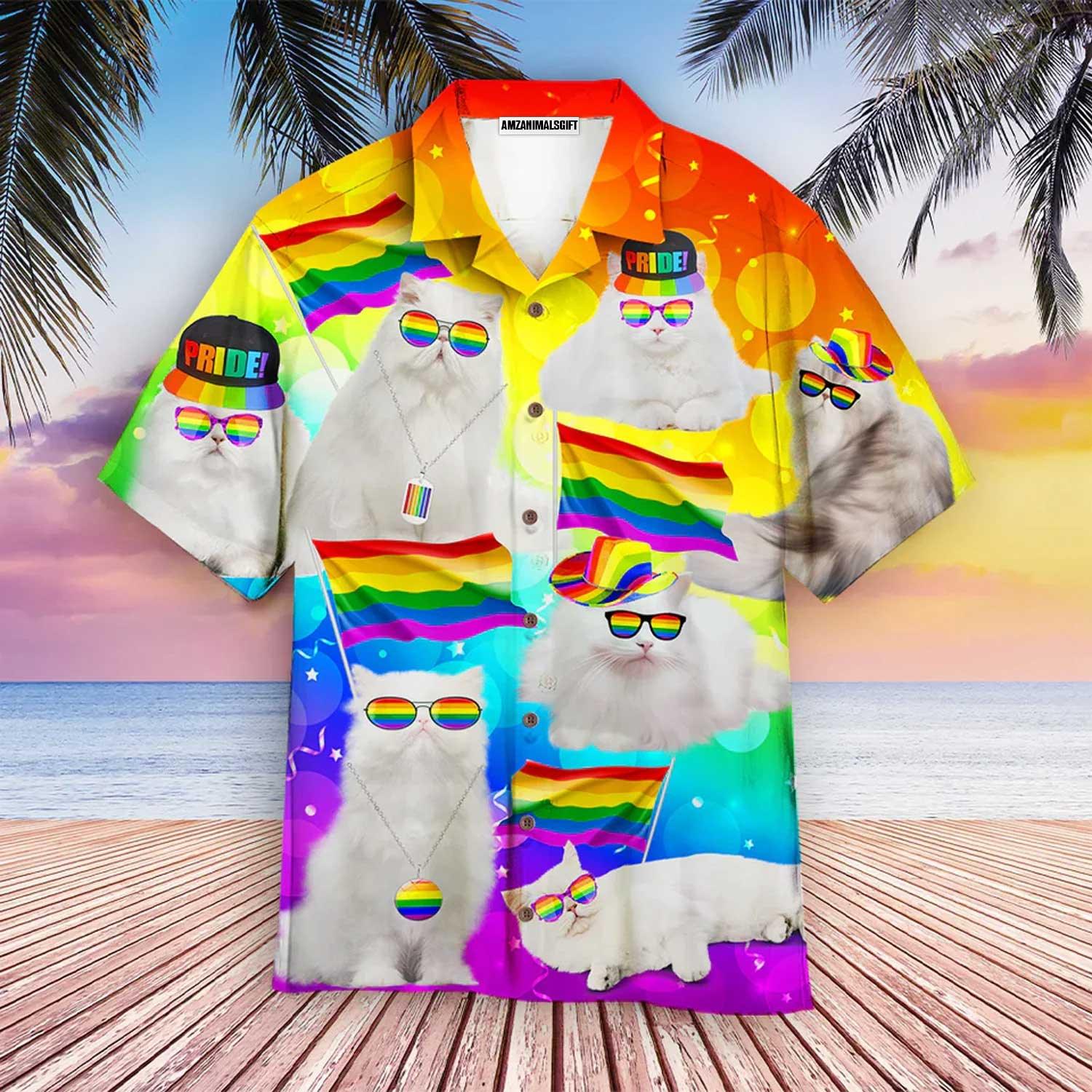 LGBT And Cat Aloha Hawaiian Shirts For Summer, Glasses Flag Rainbow Colorful Of LGBT Pride Day Hawaiian Shirts, Gift For Couple Gaymer And Lesbian