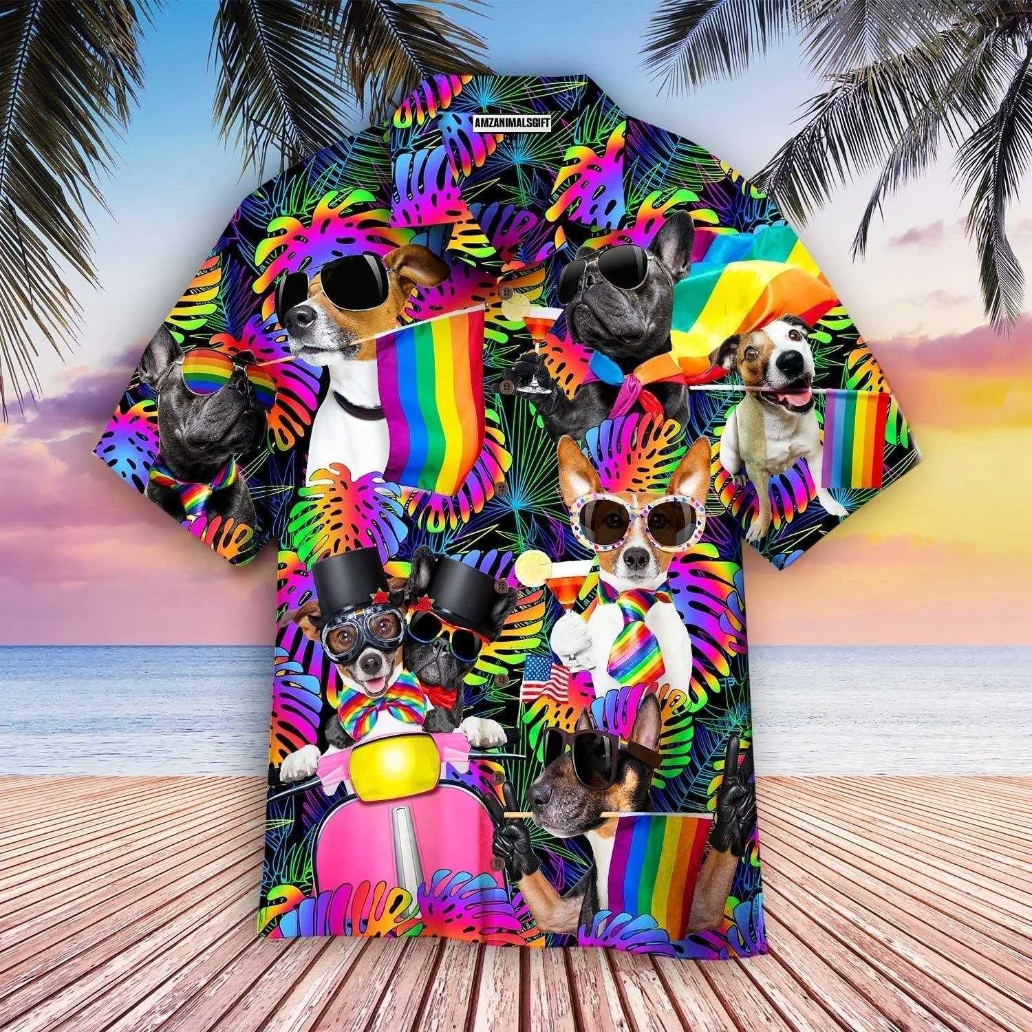 LGBT And Dog Aloha Hawaiian Shirts For Summer, Happy Dogs Pride Month Tropical Rainbow LGBT Hawaiian Shirts For Men Women, Gift For Friend, Dog Lovers