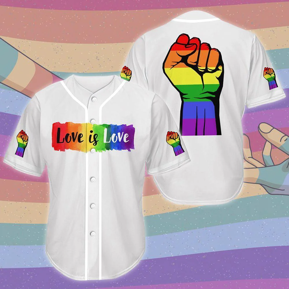 LGBT Baseball Jersey, Love Is Love Color Hand, Pride Colorful Of LGBT White Baseball Jersey, Gift For Gaymer And Lesbian