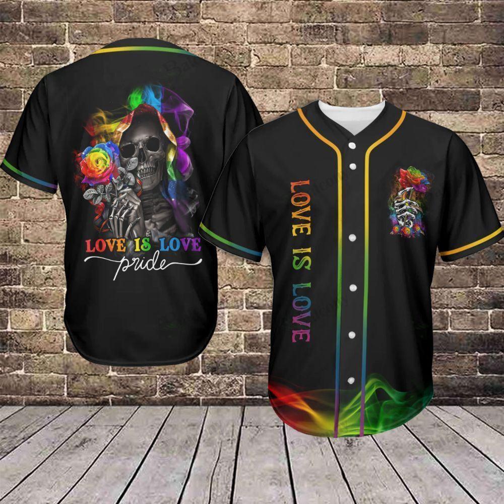 LGBT Baseball Jersey, Love Is Love Pride, Skull With Rose Colorful Of LGBT Baseball Jersey, Gift For Gaymer And Lesbian