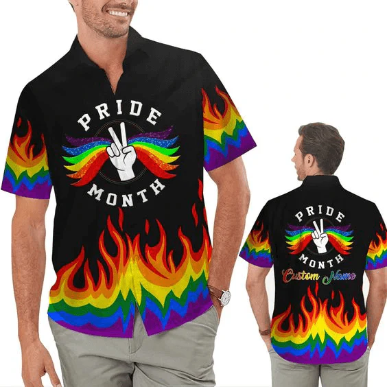 LGBT Custom Name Aloha Hawaiian Shirts For Summer, Personalized Rainbow LGBT Flag Tropical Floral Pride Hawaiian Shirts, Gift For Gaymer And Lesbian