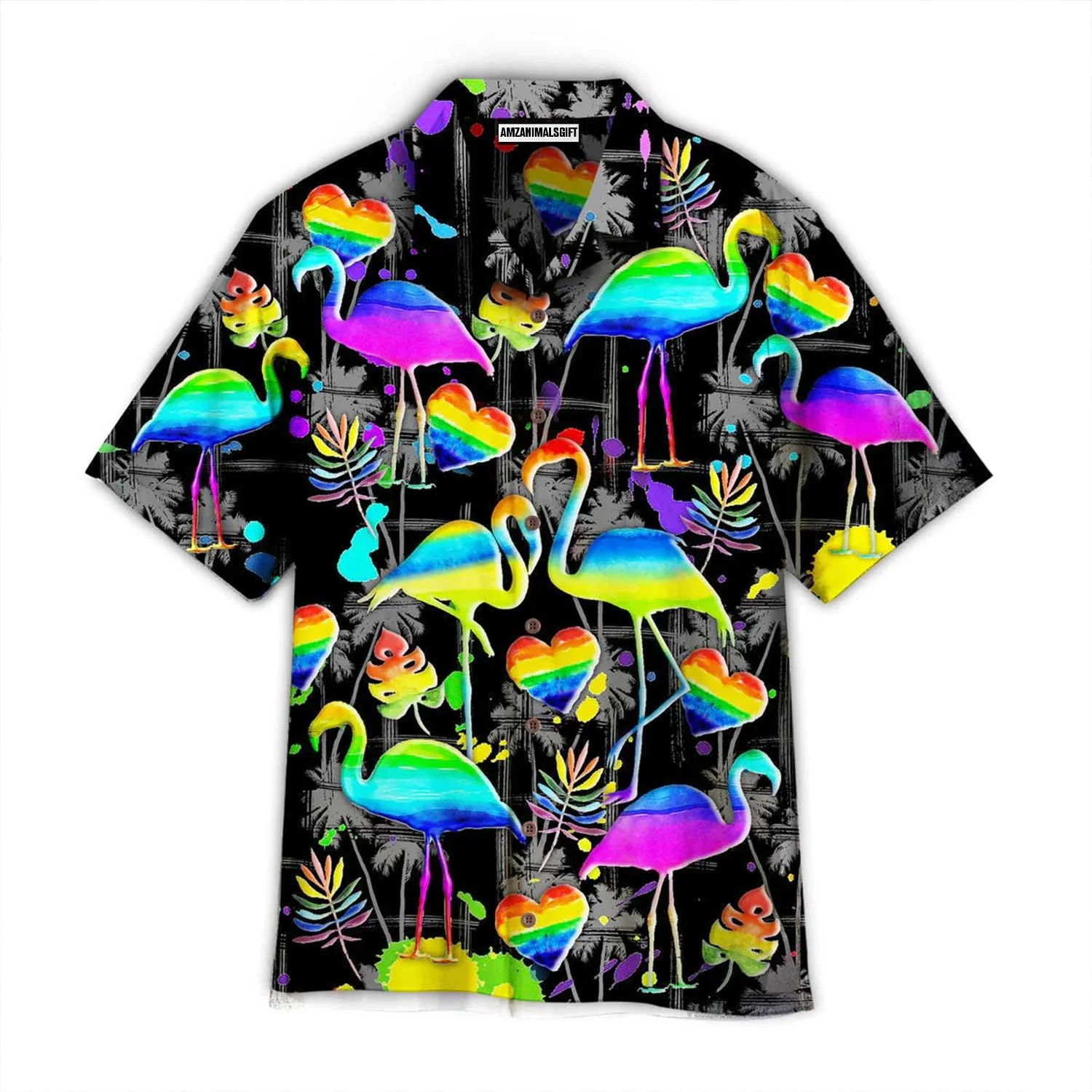 LGBT Flamingo Aloha Hawaiian Shirts For Summer, Flamingo Pride Happy LGBT Rainbow Colorful Hawaiian Shirts, Pride Gift For Gaymer And Lesbian, Friend