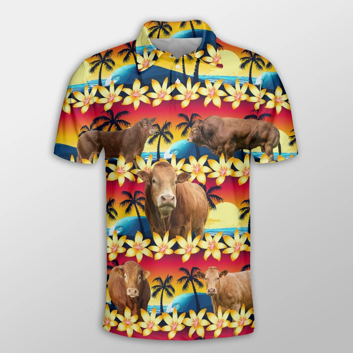 Limousin Men Polo Shirts For Summer - Limousin Beach Sunset Pattern Button Shirts For Men - Perfect Gift For Limousin Lovers, Cattle Lovers