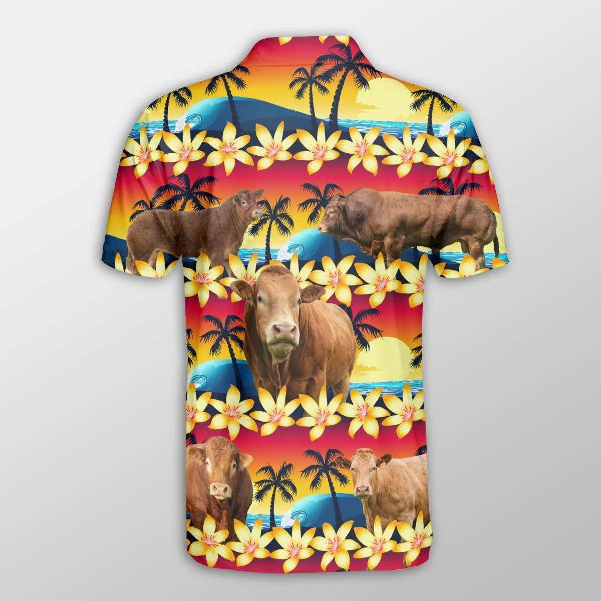 Limousin Men Polo Shirts For Summer - Limousin Beach Sunset Pattern Button Shirts For Men - Perfect Gift For Limousin Lovers, Cattle Lovers - Image 2