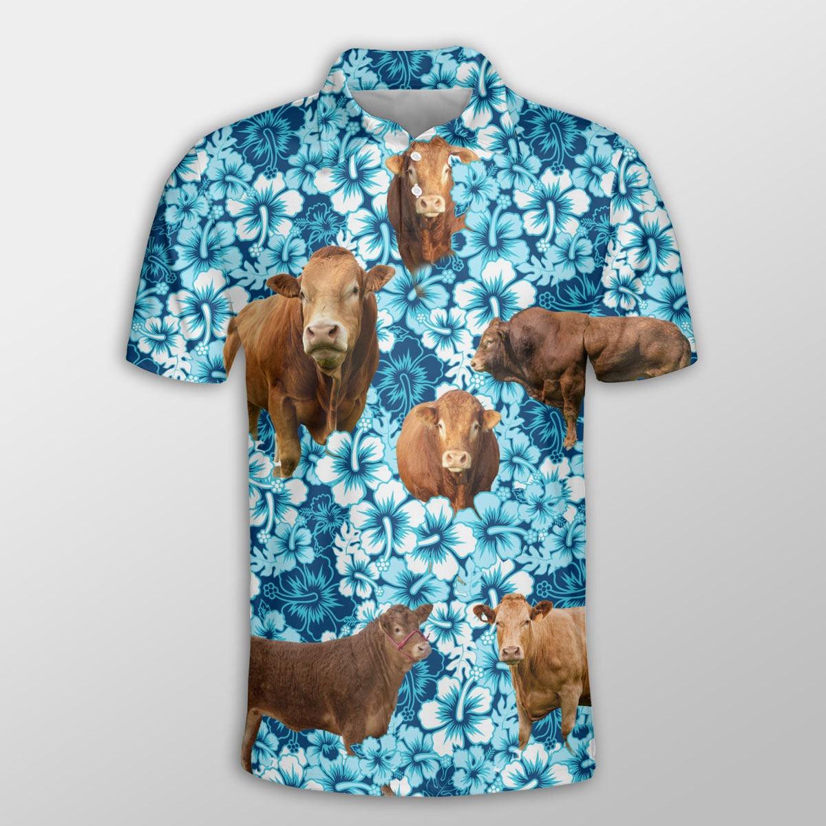 Limousin Men Polo Shirts For Summer - Limousin Blue Hibiscus Pattern Button Shirts For Men - Perfect Gift For Limousin Lovers, Cattle Lovers