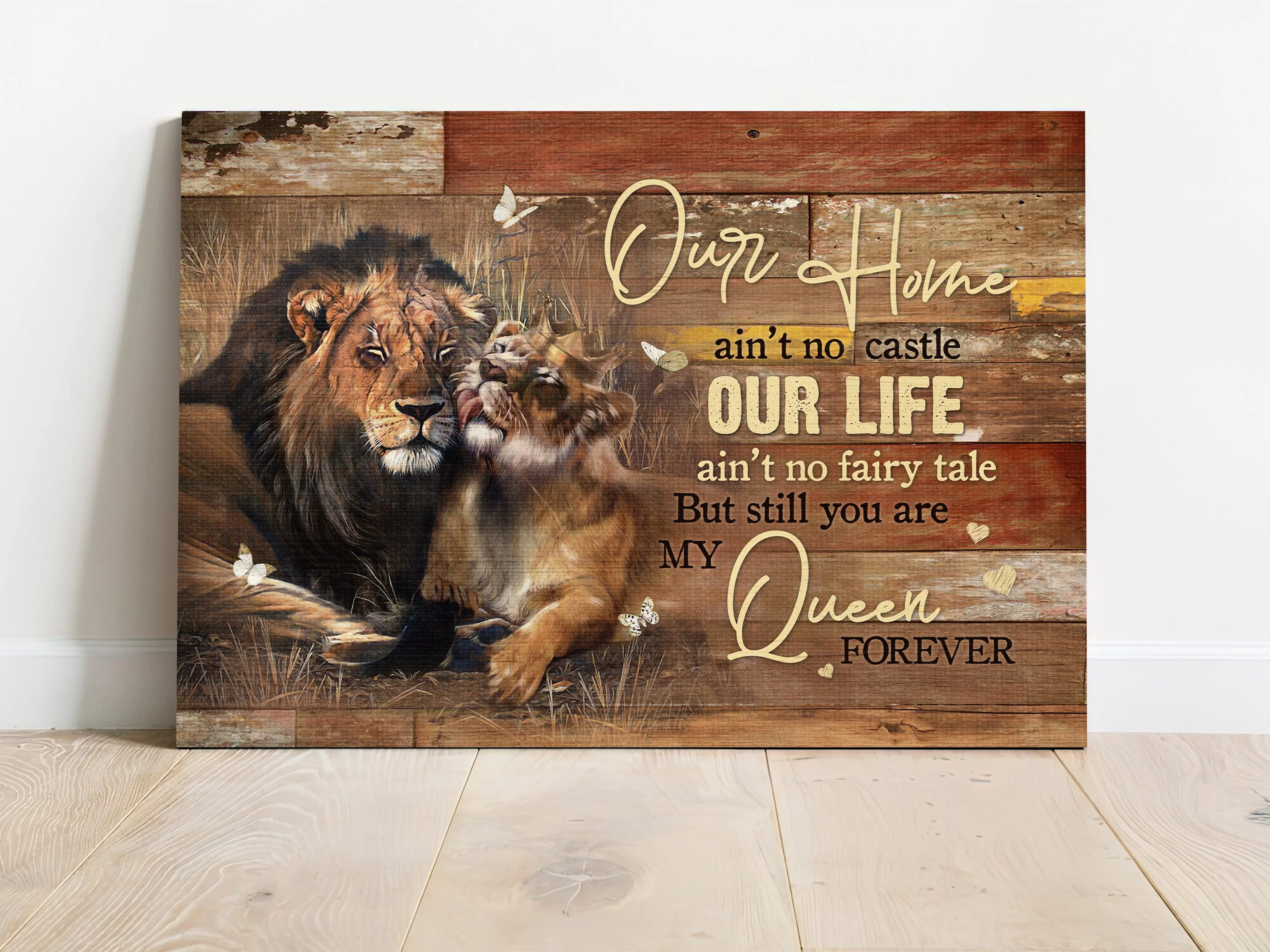 Lion Couple Premium Wrapped Landscape Canvas - Beautiful Lion Drawing, Gold Crown, Rice Field, You Are My Queen Forever - Gift For Couple, Lovers - Image 2