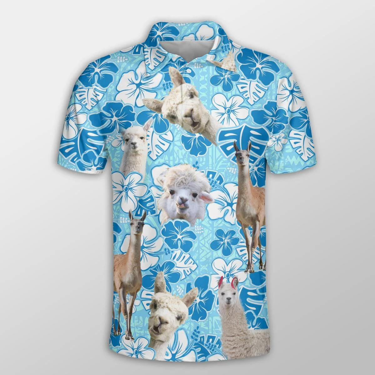 Llama Men Polo Shirts For Summer - Llama Blue Floral Button Shirts For Men - Perfect Gift For Llama Lovers, Summer Lovers