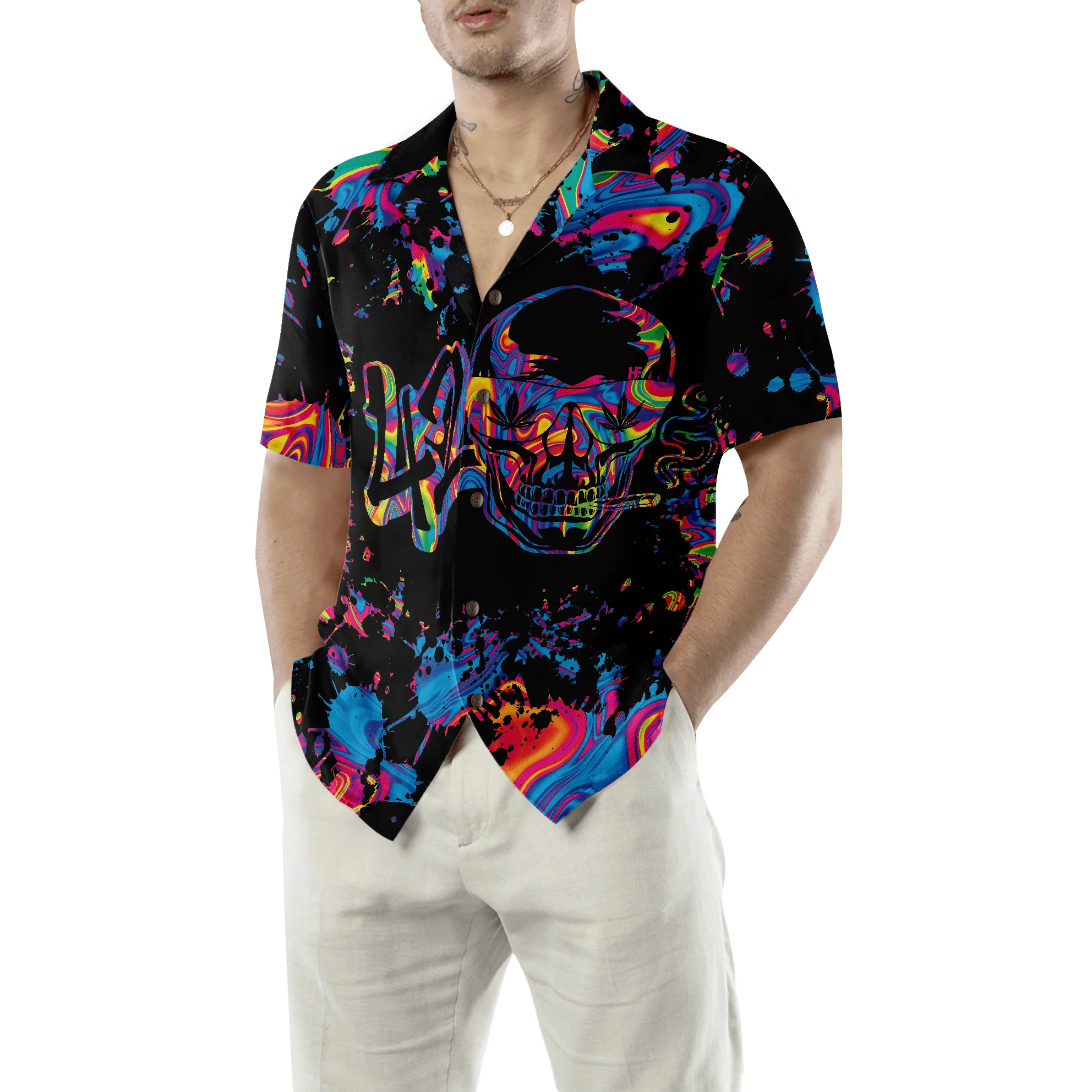 Marijuana 420 Vibes Skull Hawaiian Shirt, Watercolor Colorful Summer Aloha Shirt For Men Women, Perfect Gift For Friend, Family, Husband - Image 5