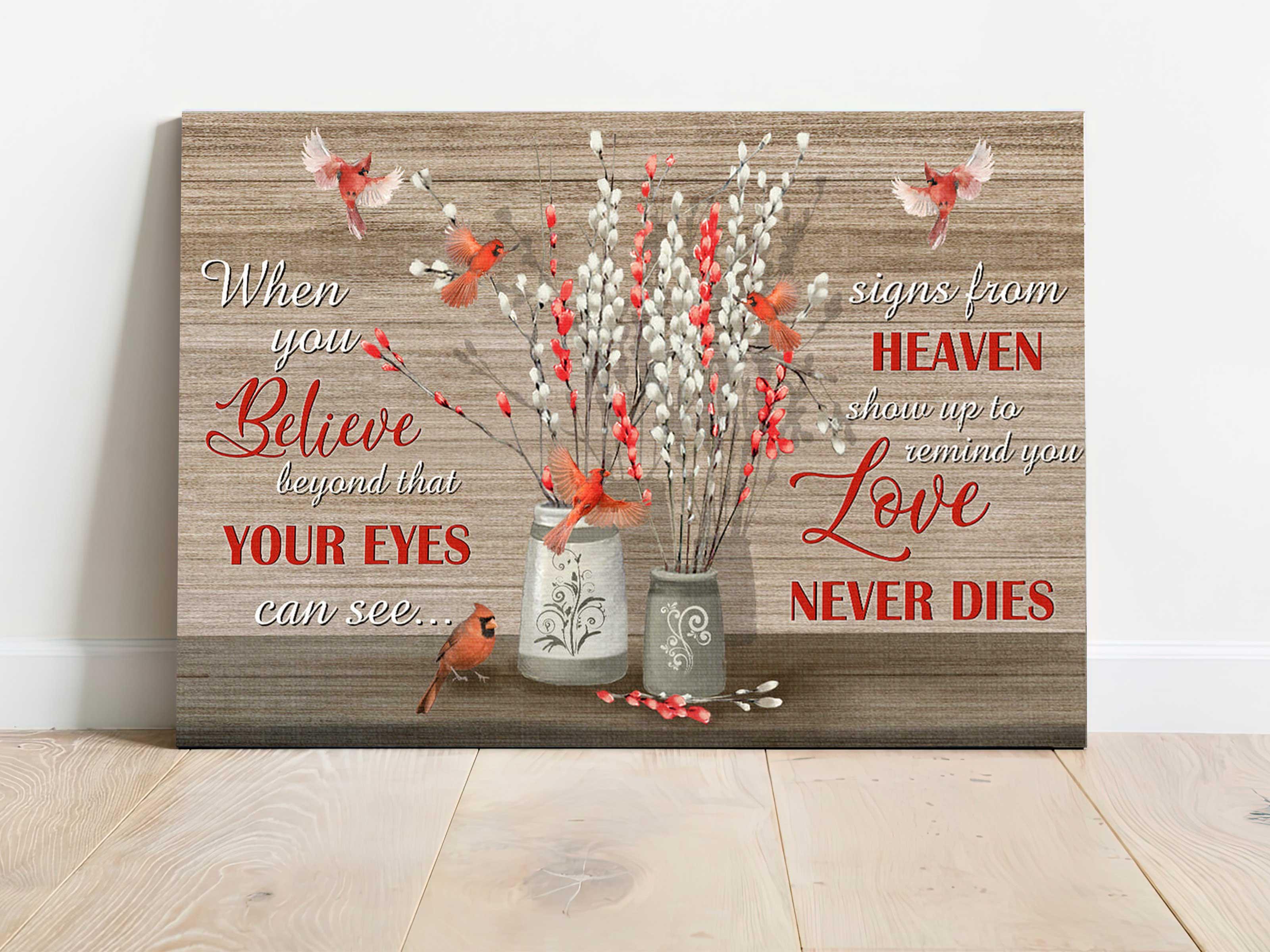 Memorial Landscape Canvas- Briar vases, Cardinal canvas- Gift for members family- When you believe beyond that your eyes can see signs from heaven