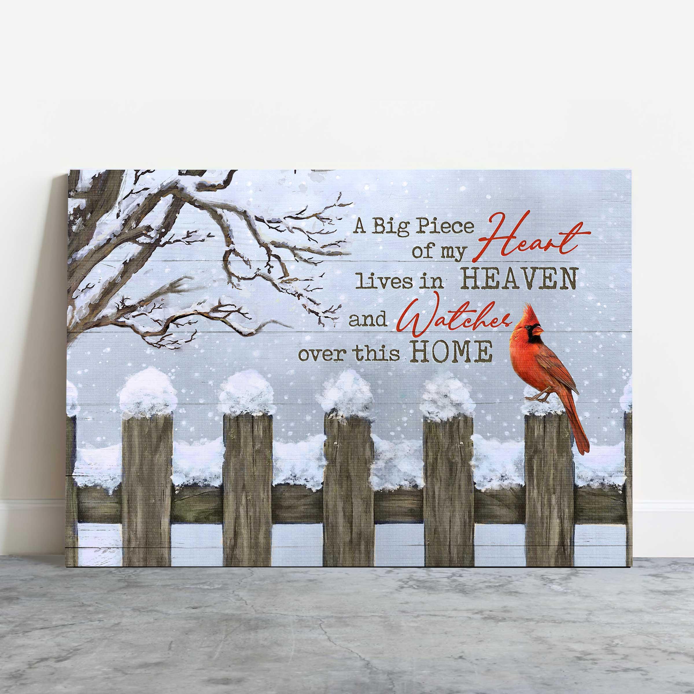 Memorial Landscape Canvas- Snow fence, Red cardinal- Gift for members family- A big piece of my heart lives in heaven - Heaven Landscape Canvas Prints, Wall Art - Image 2