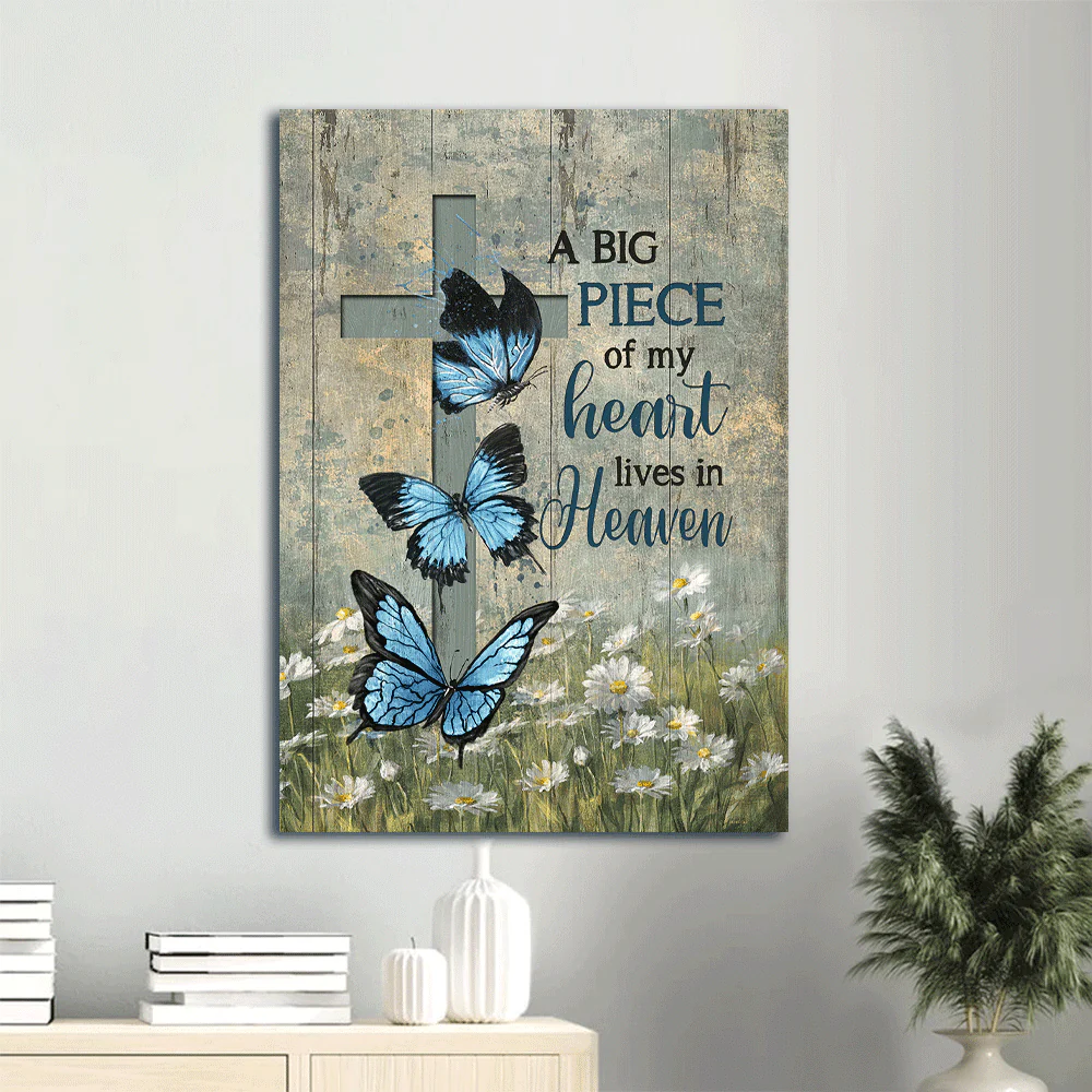 Memorial Portrait Canvas- Blue butterfly, Cross symbol, Daisy field - A big piece of my heart lives in heaven - Heaven Portrait Canvas - Gift for members family