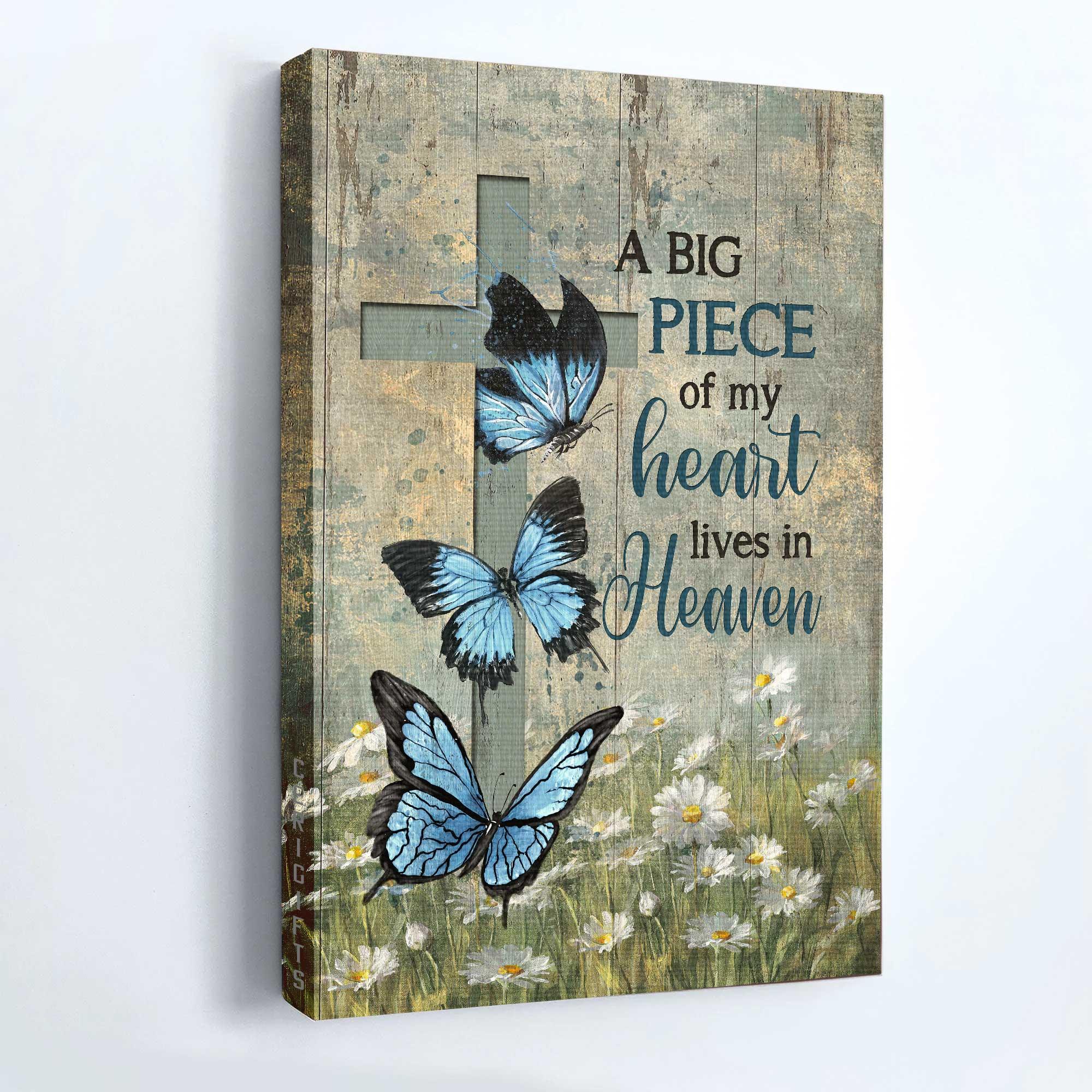 Memorial Portrait Canvas- Blue butterfly, Cross symbol, Daisy field - A big piece of my heart lives in heaven - Heaven Portrait Canvas - Gift for members family - Image 3