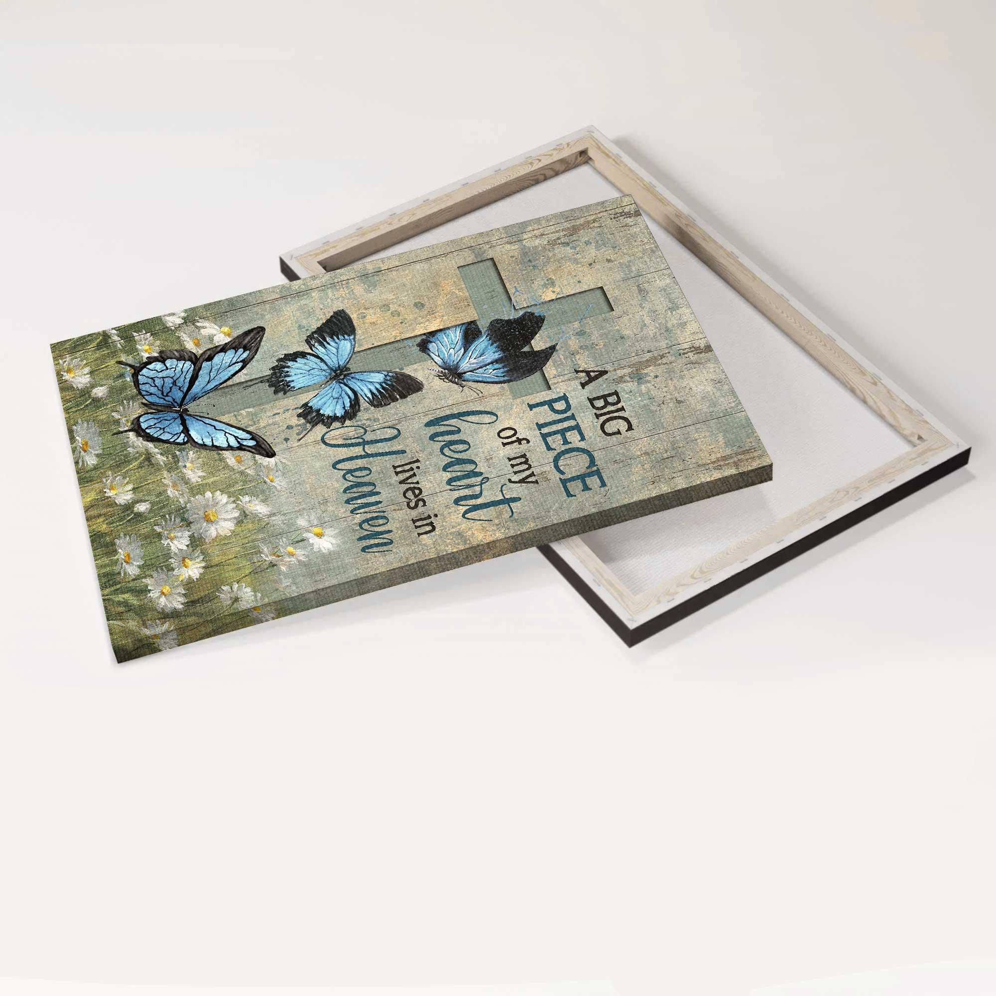 Memorial Portrait Canvas- Blue butterfly, Cross symbol, Daisy field - A big piece of my heart lives in heaven - Heaven Portrait Canvas - Gift for members family - Image 4