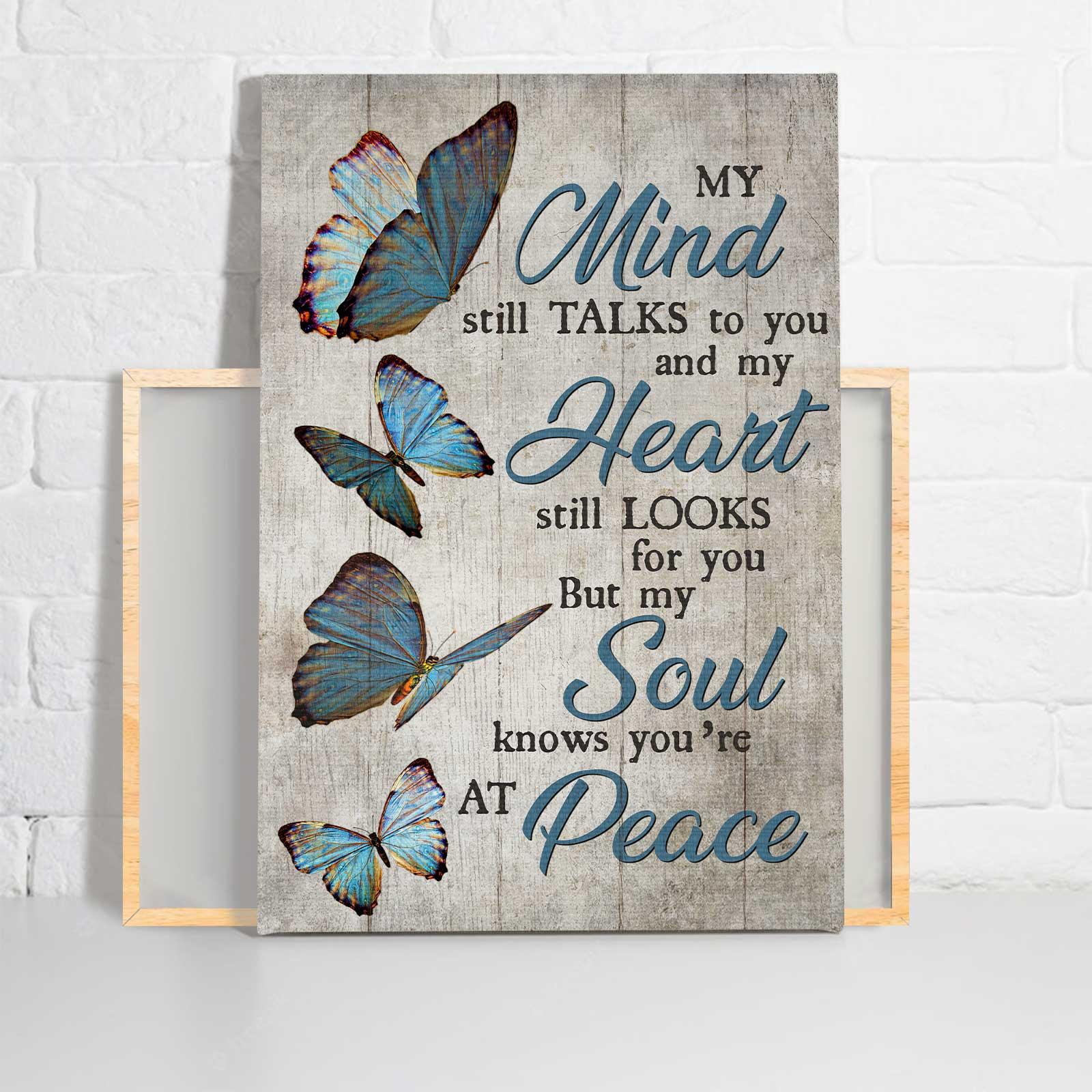 Memorial Portrait Canvas- Blue butterfly, Grey background canvas- Gift for members family- You are at peace - Heaven Portrait Canvas Prints, Wall Art - Image 2