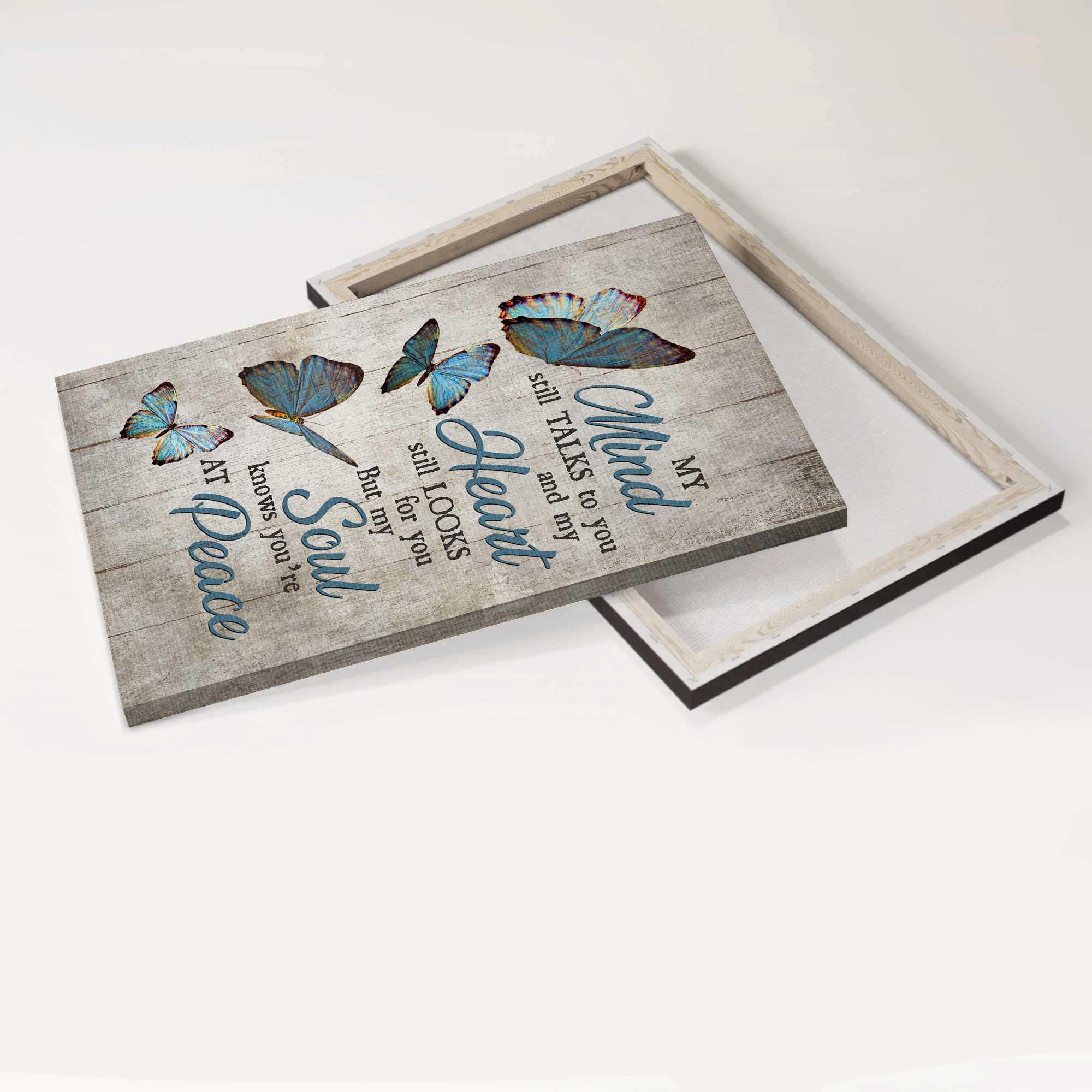 Memorial Portrait Canvas- Blue butterfly, Grey background canvas- Gift for members family- You are at peace - Heaven Portrait Canvas Prints, Wall Art - Image 4
