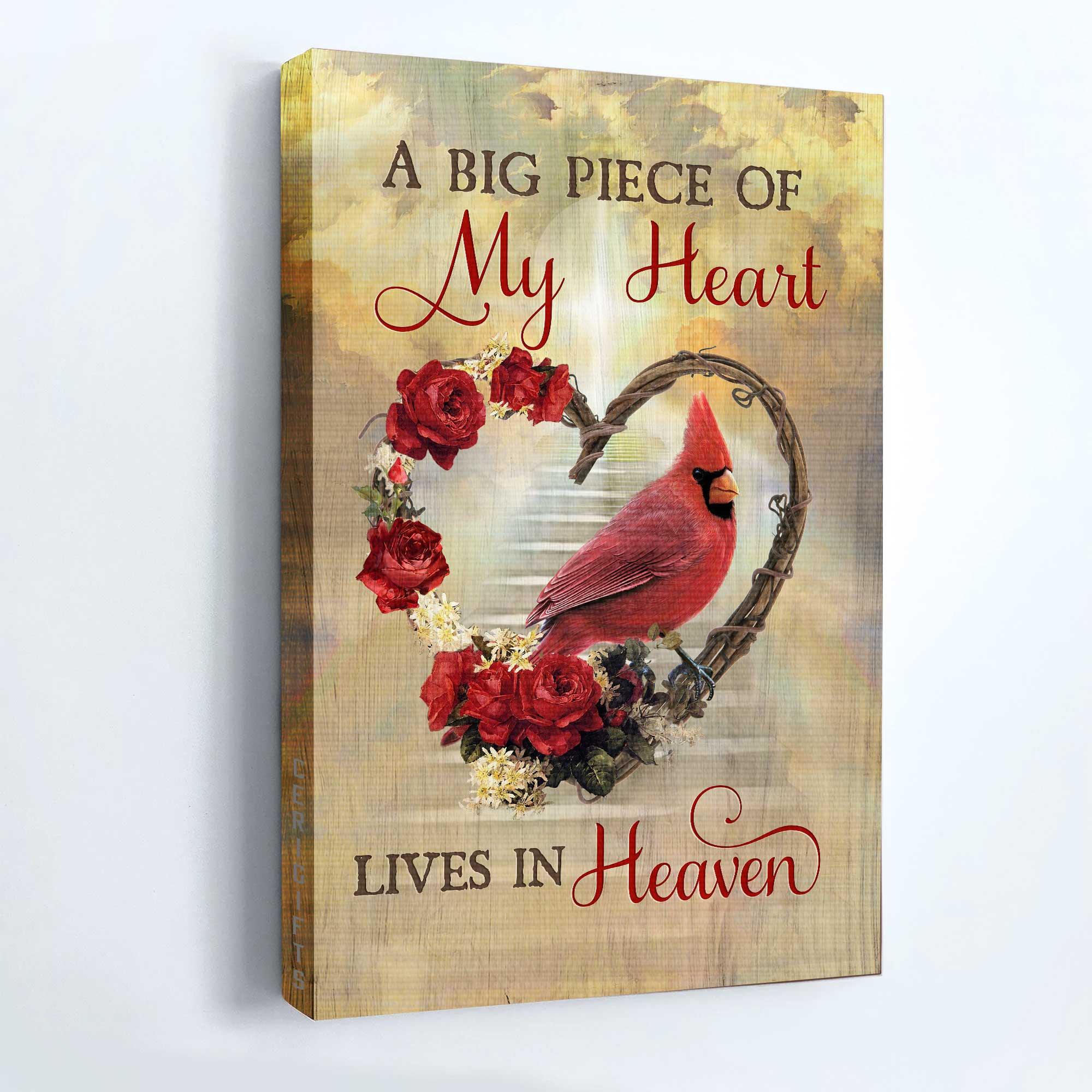 Memorial Portrait Canvas- Flower wreath, Red rose, Cardinal drawing canvas- Gift for members family- A big piece of my heart lives in heaven - Heaven Portrait Canvas Prints, Wall Art - Image 5