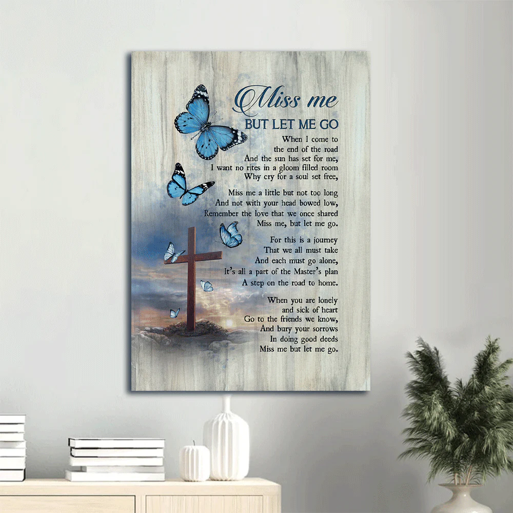 Memorial Portrait Canvas- Pretty Blue butterfly, Cross symbol- Gift for family- Miss me but let me go - Heaven Portrait Canvas Prints, Wall Art