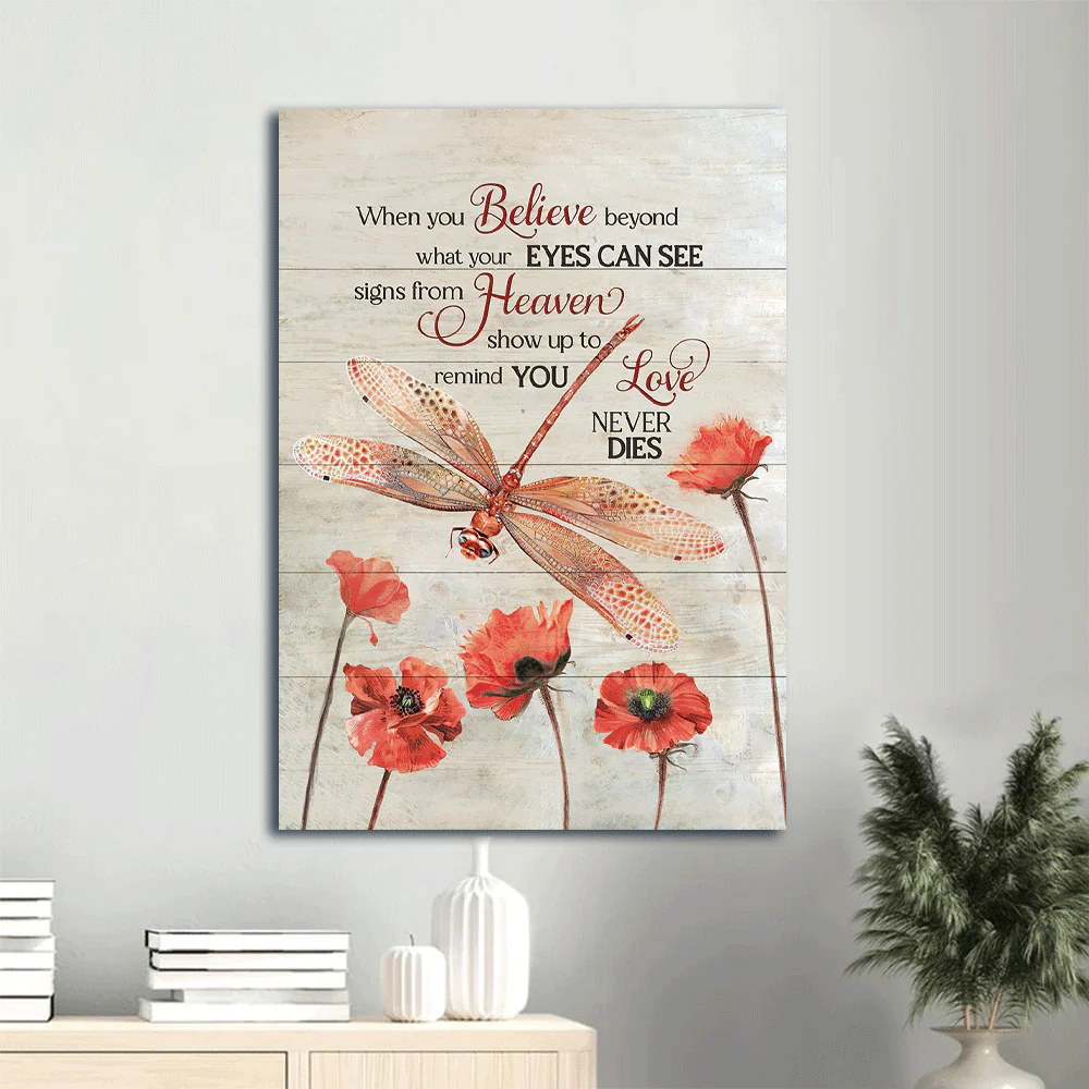 Memorial Portrait Canvas- Red dragonfly, Poppy painting - Gift for members family- Signs from heaven show up to remind you love never dies - Heaven Portrait Canvas Prints, Wall Art