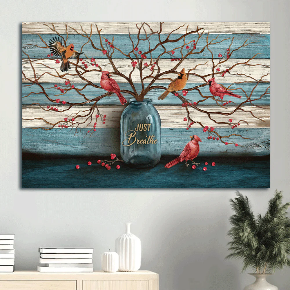Memorial Premium Wrapped Landscape Canvas - Beautiful cranberry tree, Cardinal painting, Blue background, Just breathe - Heaven Gift For Family