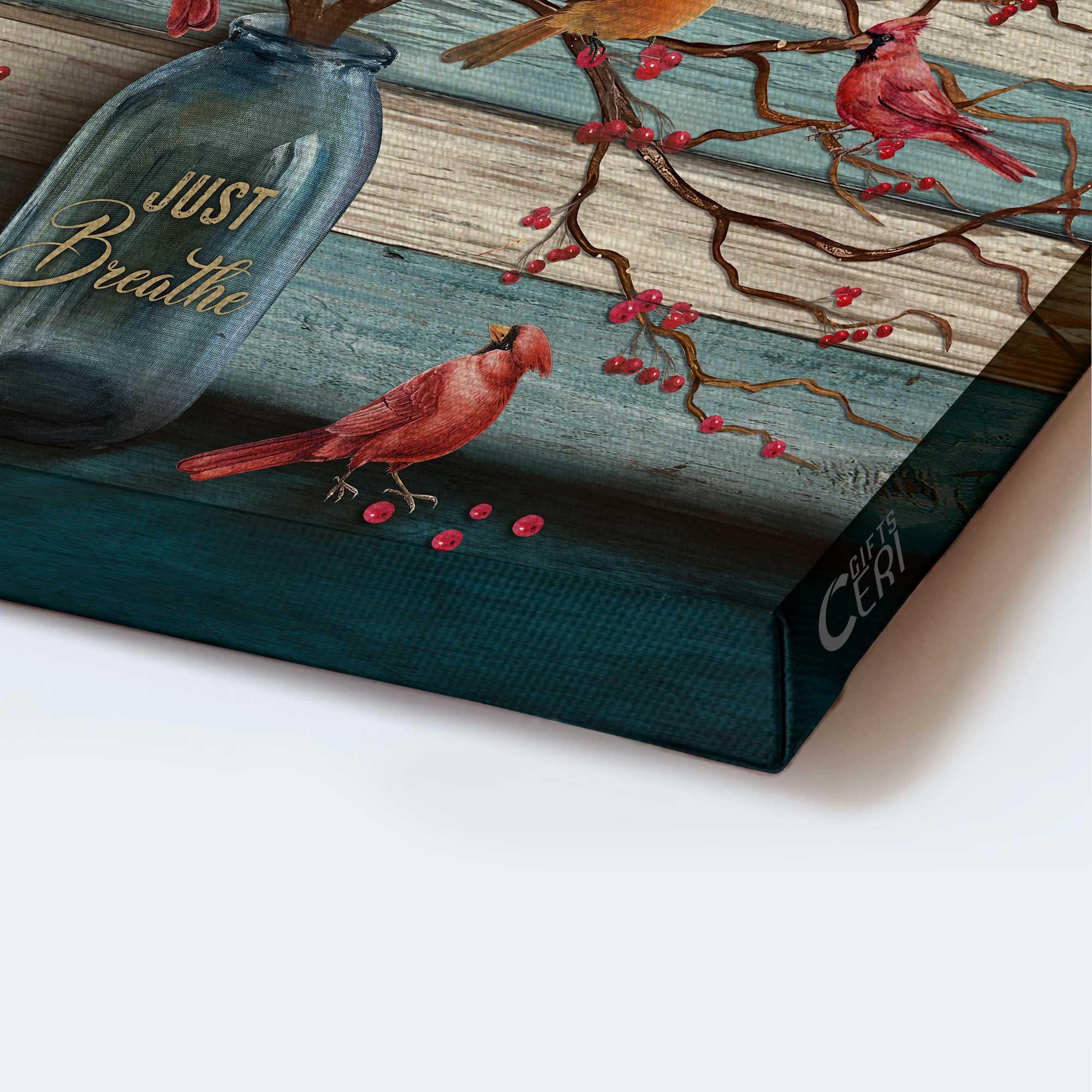Memorial Premium Wrapped Landscape Canvas - Beautiful cranberry tree, Cardinal painting, Blue background, Just breathe - Heaven Gift For Family - Image 3