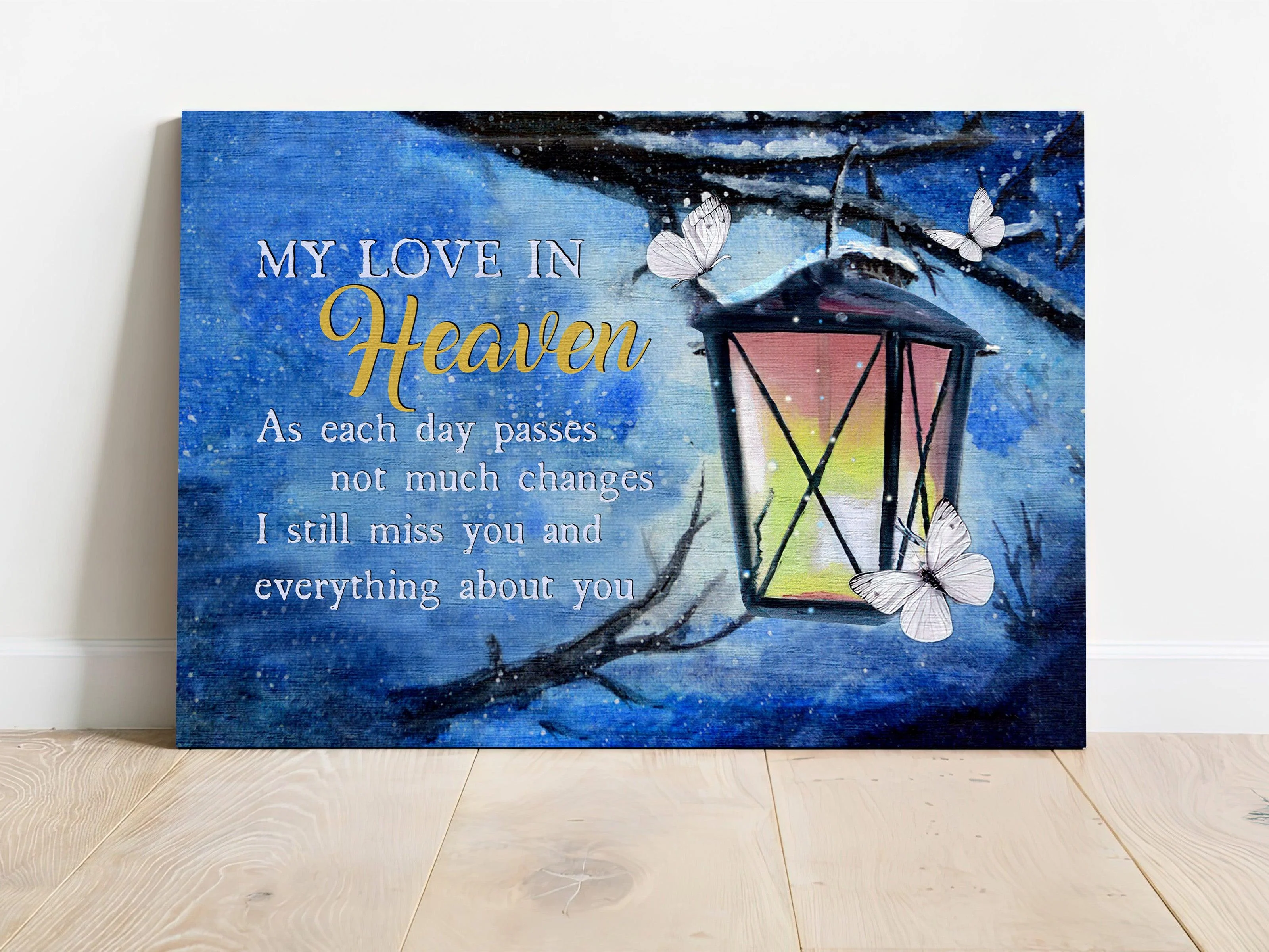 Memorial Premium Wrapped Landscape Canvas - Beautiful Lantern, White Butterfly, Blue Night, My Love In Heaven - Heaven Gift For Family Members - Image 2