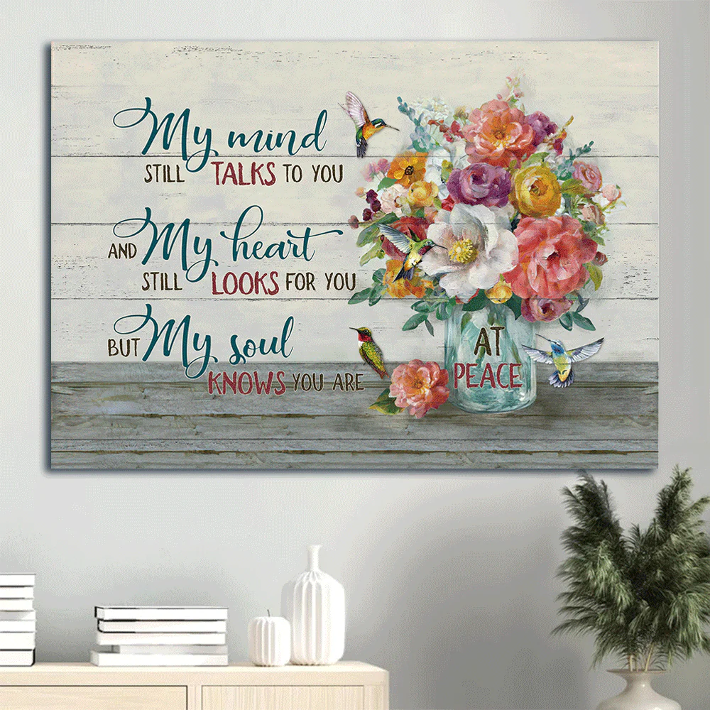 Memorial Premium Wrapped Landscape Canvas - Flower in mason jar, My mind still talks to you - Heaven Gifts for members family