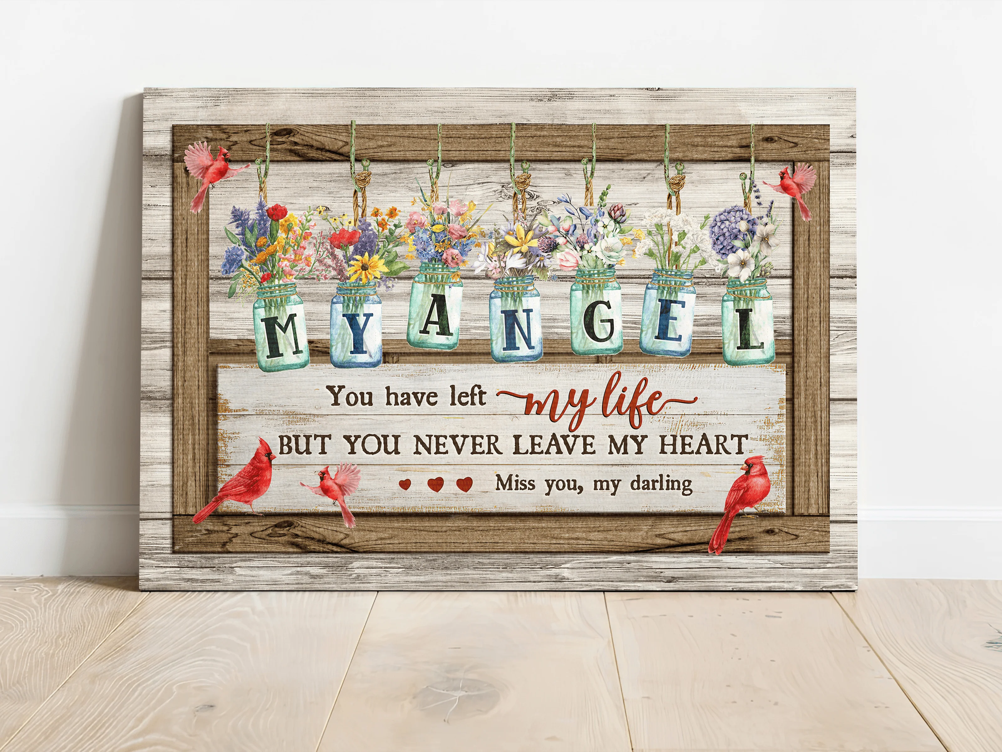 Memorial Premium Wrapped Landscape Canvas - Flower jars, Vintage painting, Cardinals canvas, You never leave my heart - Heaven Gifts for members family - Image 2
