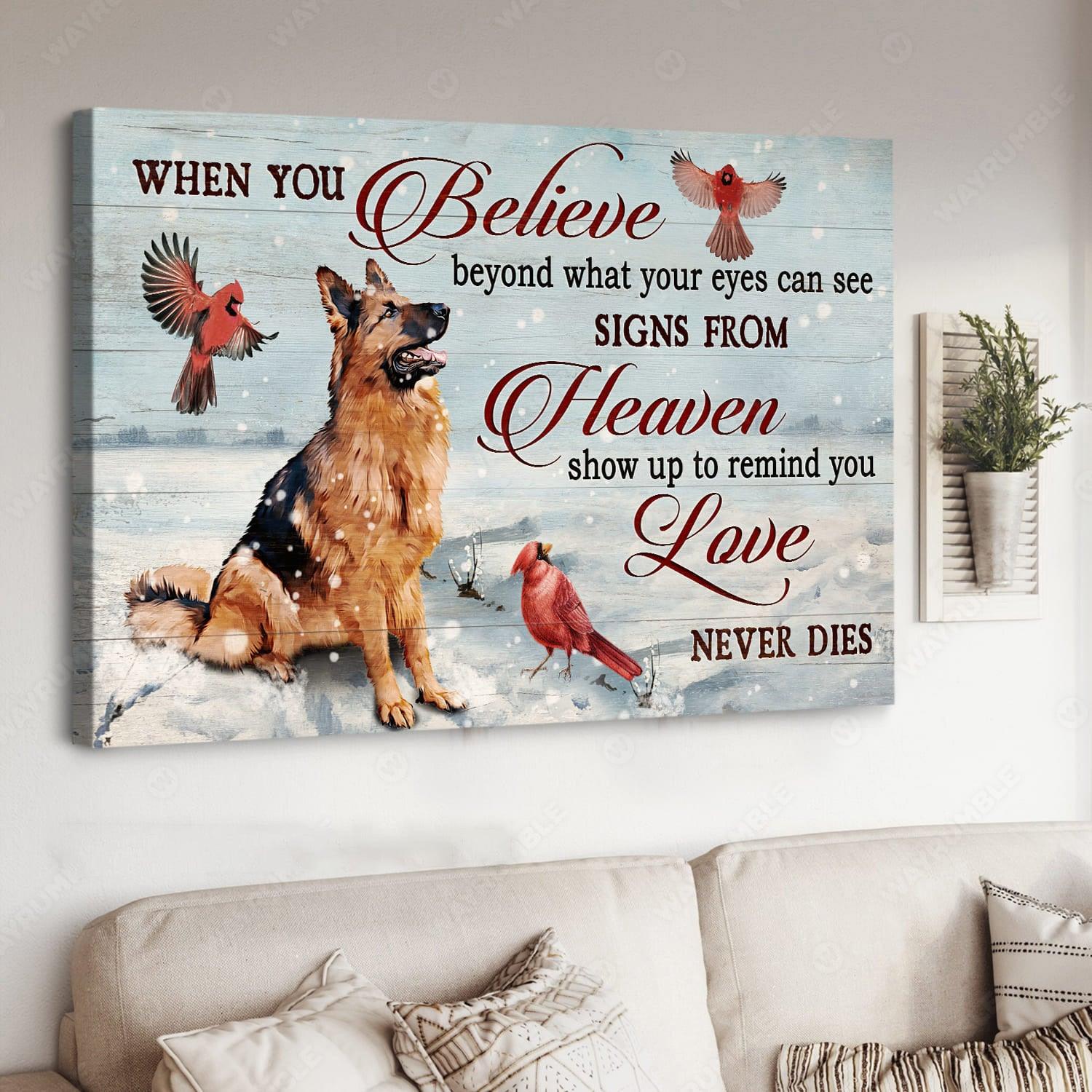 Memorial Premium Wrapped Landscape Canvas - German shepherd Dog, Red Cardinal, Snow, Signs From Heaven - Heaven Gifts For German Shepherd Lovers