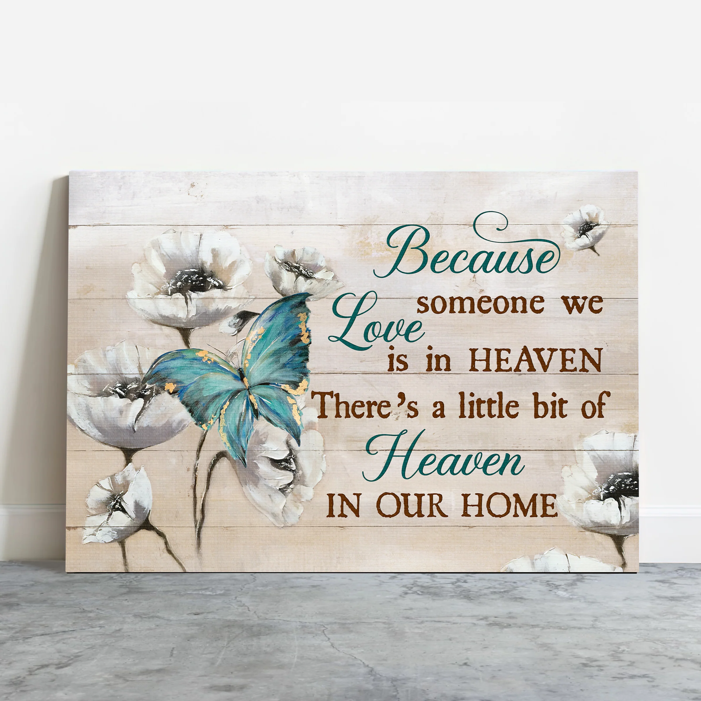 Memorial Premium Wrapped Landscape Canvas - White Poppy, Blue Butterfly, There's A Little Bit Of Heaven In Our Home - Heaven Gift For Members Family - Image 2