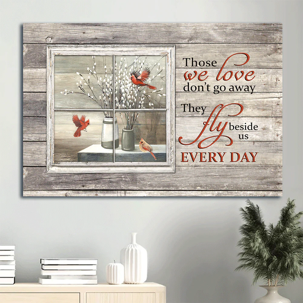 Memorial Premium Wrapped Landscape Canvas - White Willow Blossoms, Baby white flower, Red cardinal, Vintage window - Heaven Gifts For Family Members