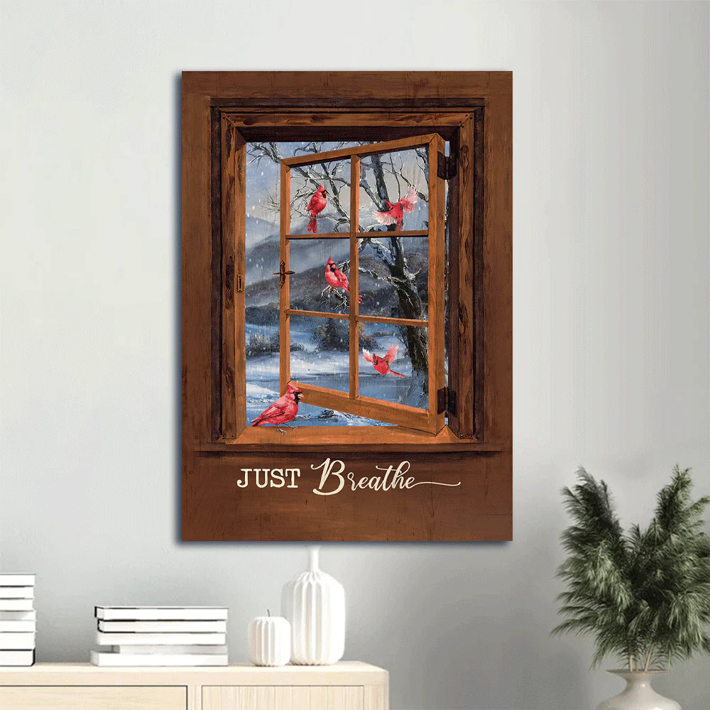 Memorial Premium Wrapped Portrait Canvas - Blue Night, Red Cardinal Drawing, Wooden Window, White Snow, Just Breathe - Heaven Gift For Members Family