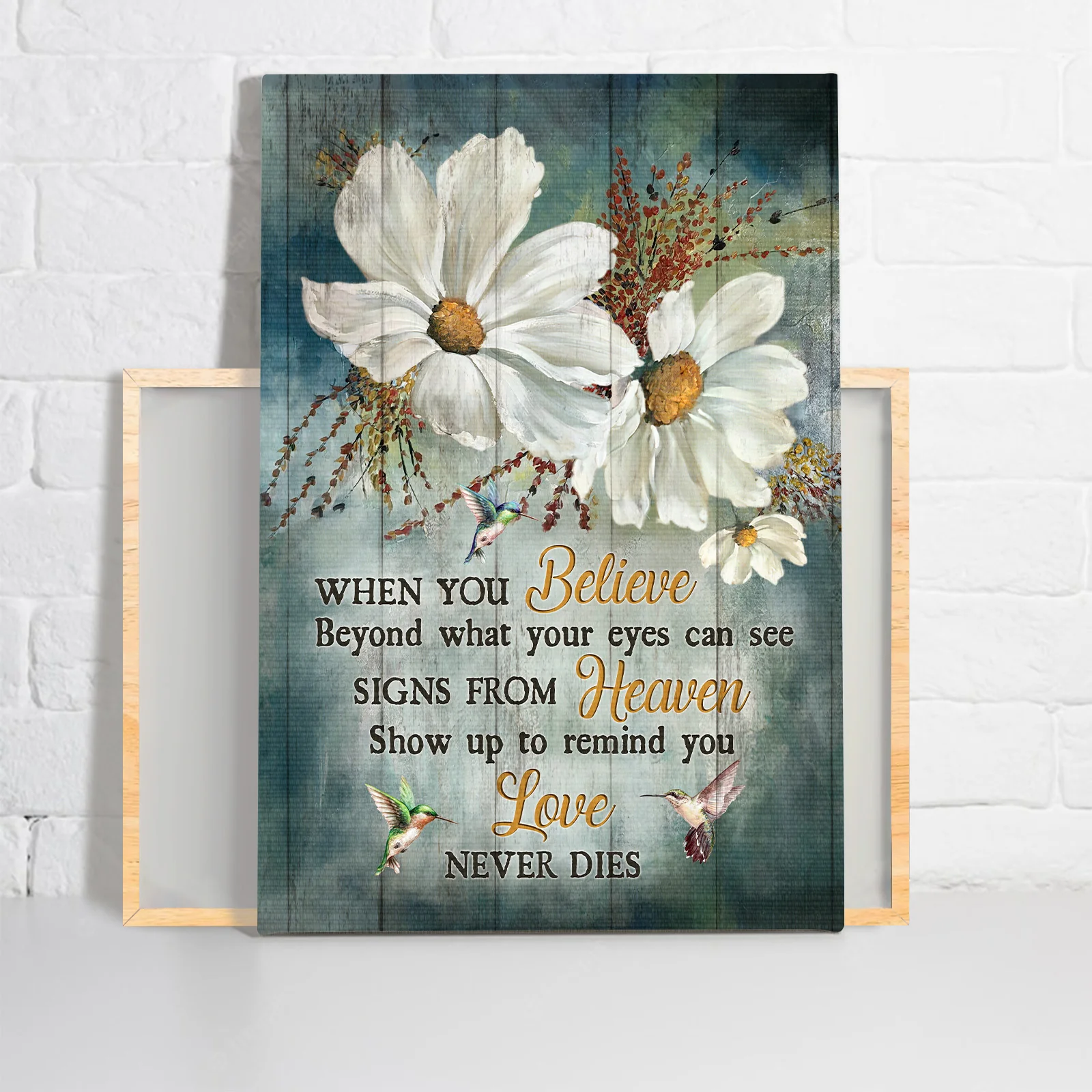 Memorial Premium Wrapped Portrait Canvas - White Daisy Flower, Hummingbird, Love Never Dies - Gift For Members Family - Image 2