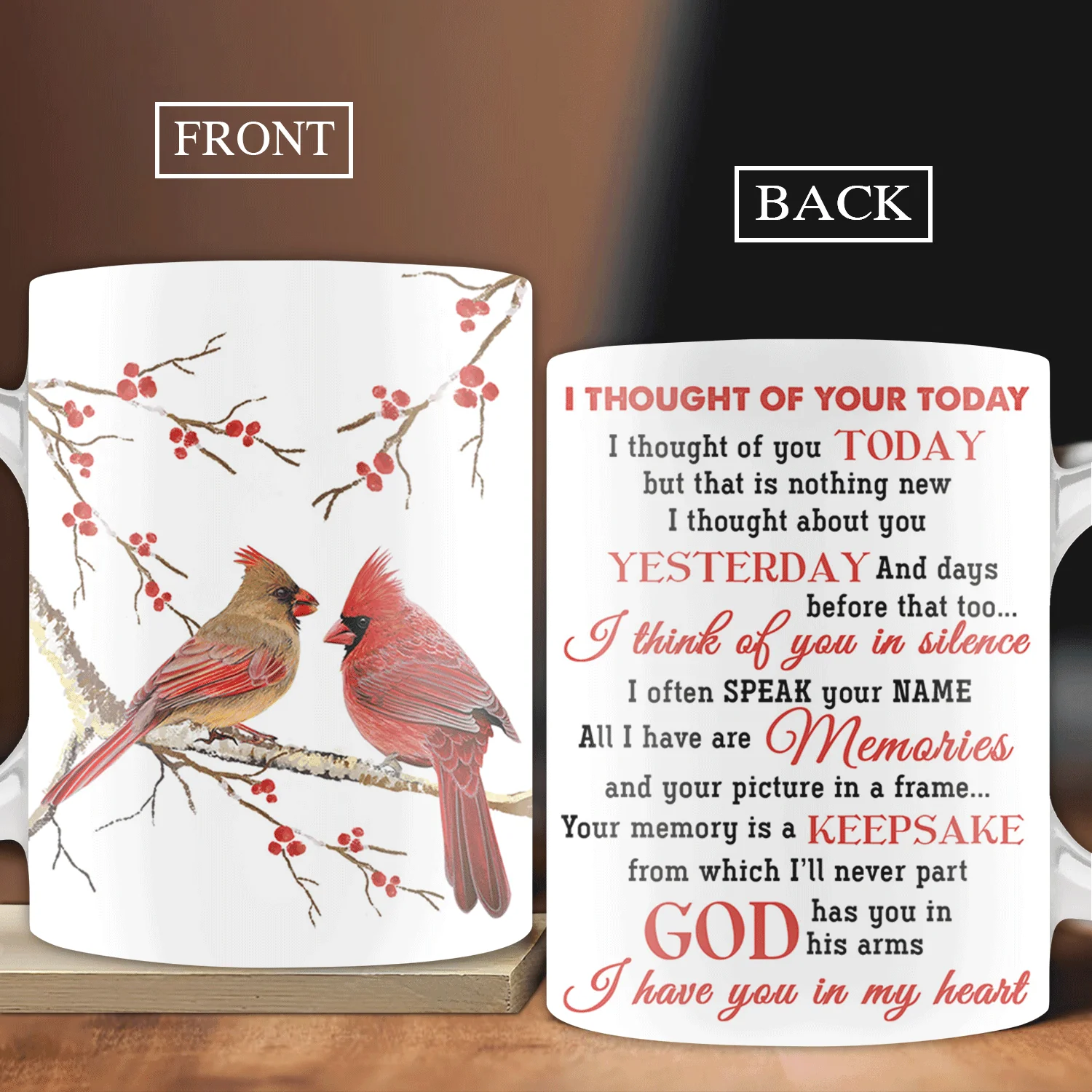 Memorial White Mug - Cardinal couple, Cranberry branch - Good memories, I thought of you today - Gift For Member Family
