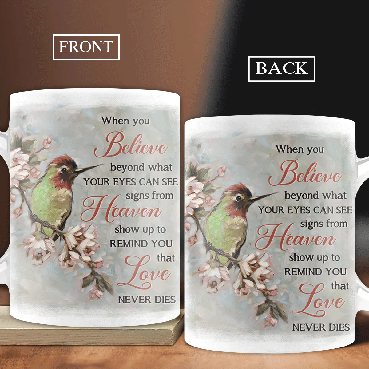 Memorial White Mug - Cherry Blossom Painting, Colorful Hummingbird - Signs From Heaven Remind You Love Never Dies - Gift For Members Family