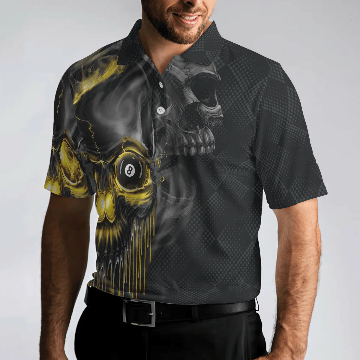 Men Billiard Polo Shirt - Skull Billiards Polo Shirt, Black Skull Billiards Shirt Design For Men, Scary Halloween Gift Idea - Perfect Gift For Men - Image 4