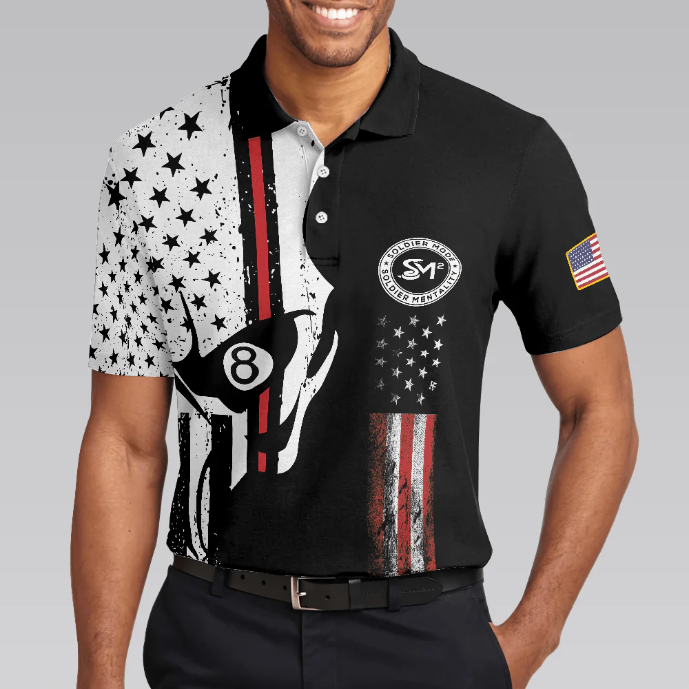 Men Billiard Polo Shirt - SM Skull Black And White American Flag Polo Shirt, SM Soldier More - Perfect Gift For Men, Billiard Lover - Image 5