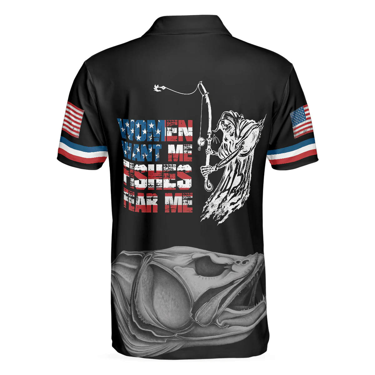 Men Fishing Polo Shirt - Woman Want Me Fishes Fear Me White Version Polo Shirt, Fish Skeleton Reaper US Flag Polo Shirt, Best Fishing Shirt For Men - Image 2