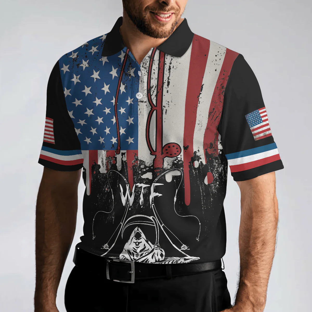 Men Fishing Polo Shirt - Woman Want Me Fishes Fear Me White Version Polo Shirt, Fish Skeleton Reaper US Flag Polo Shirt, Best Fishing Shirt For Men - Image 4