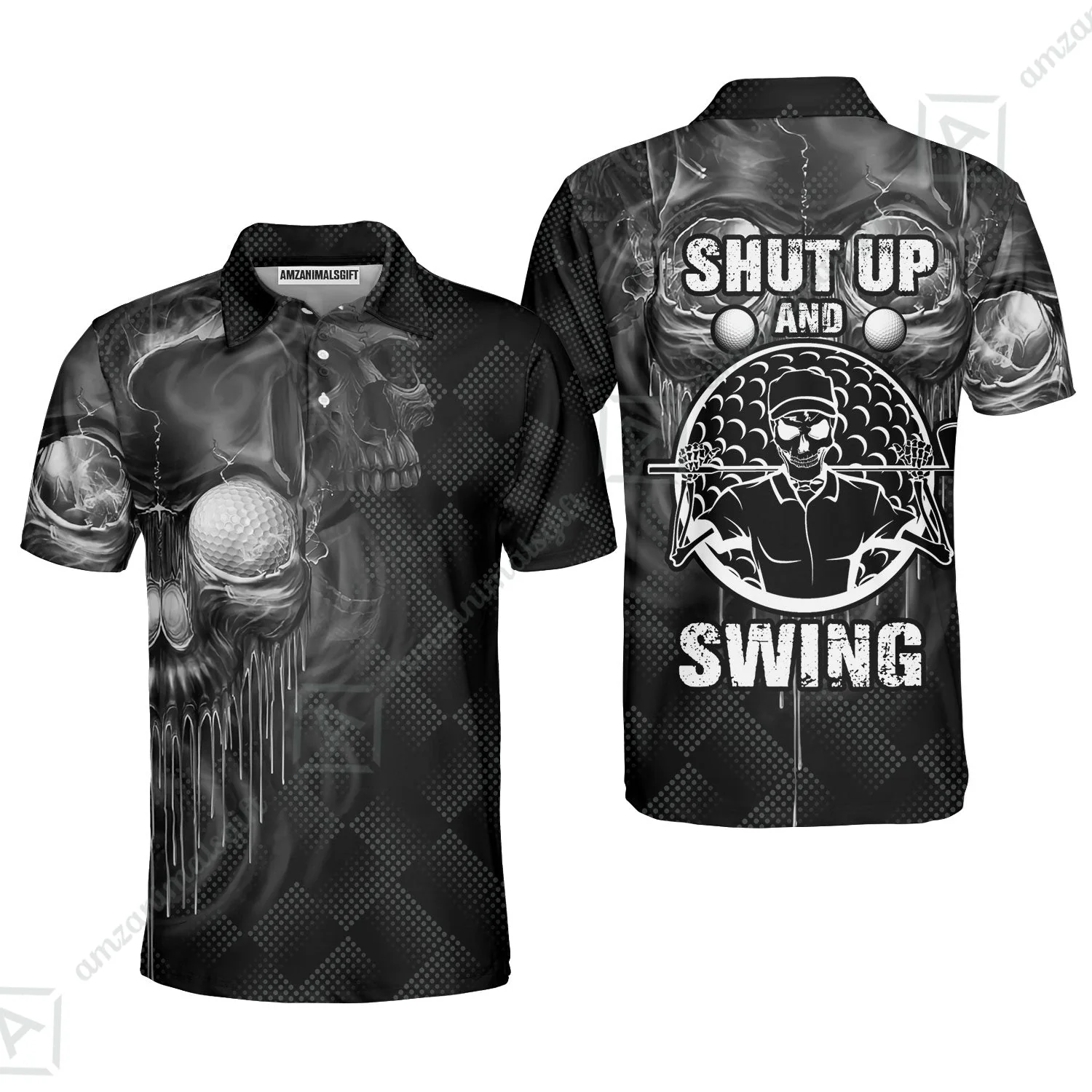 Men Golf Long Polo Shirt - Scary Skull Golf Men Polo Shirt, Golf Shut Up Shirt Design For Men, Best Halloween Long Polo Shirt - Image 3