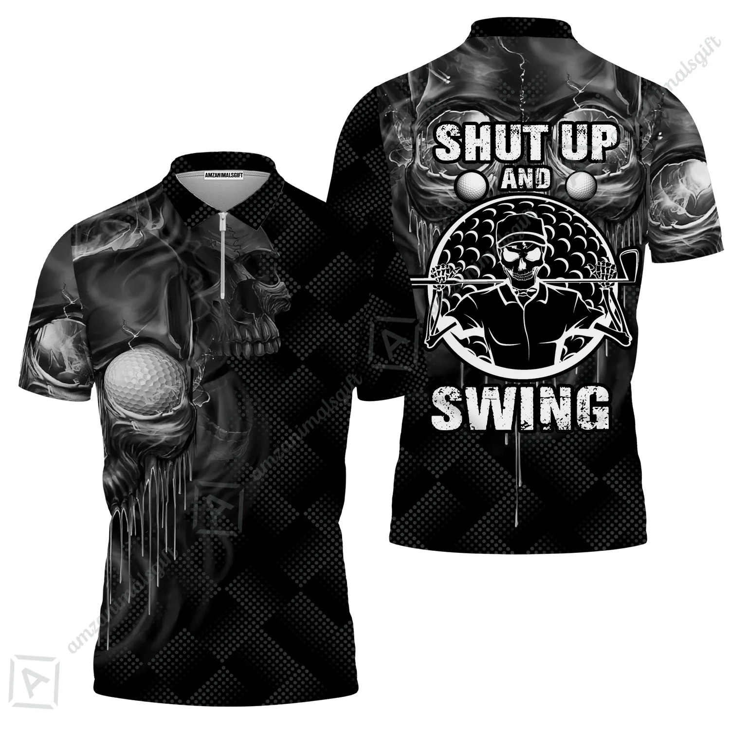 Men Golf Long Polo Shirt - Scary Skull Golf Men Polo Shirt, Golf Shut Up Shirt Design For Men, Best Halloween Long Polo Shirt - Image 4
