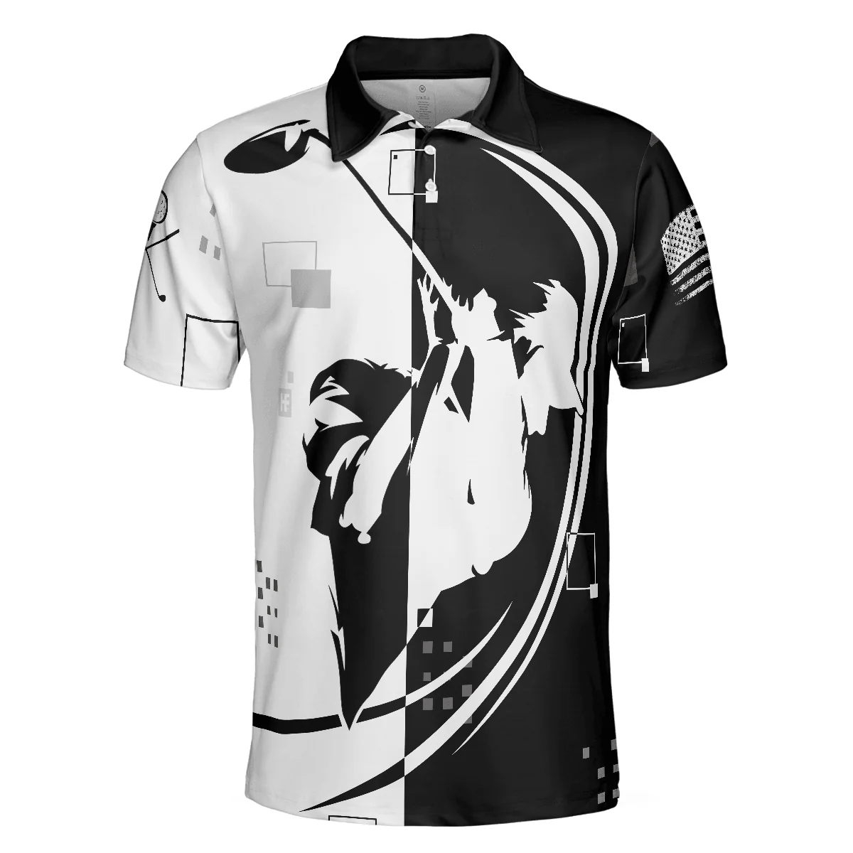 Men Golf Polo Shirt - American Golfer Hard Swing US Flag Polo Shirt, Black And White American Flag Polo Shirt - Perfect Polo Shirt For Men, Golfers - Image 3