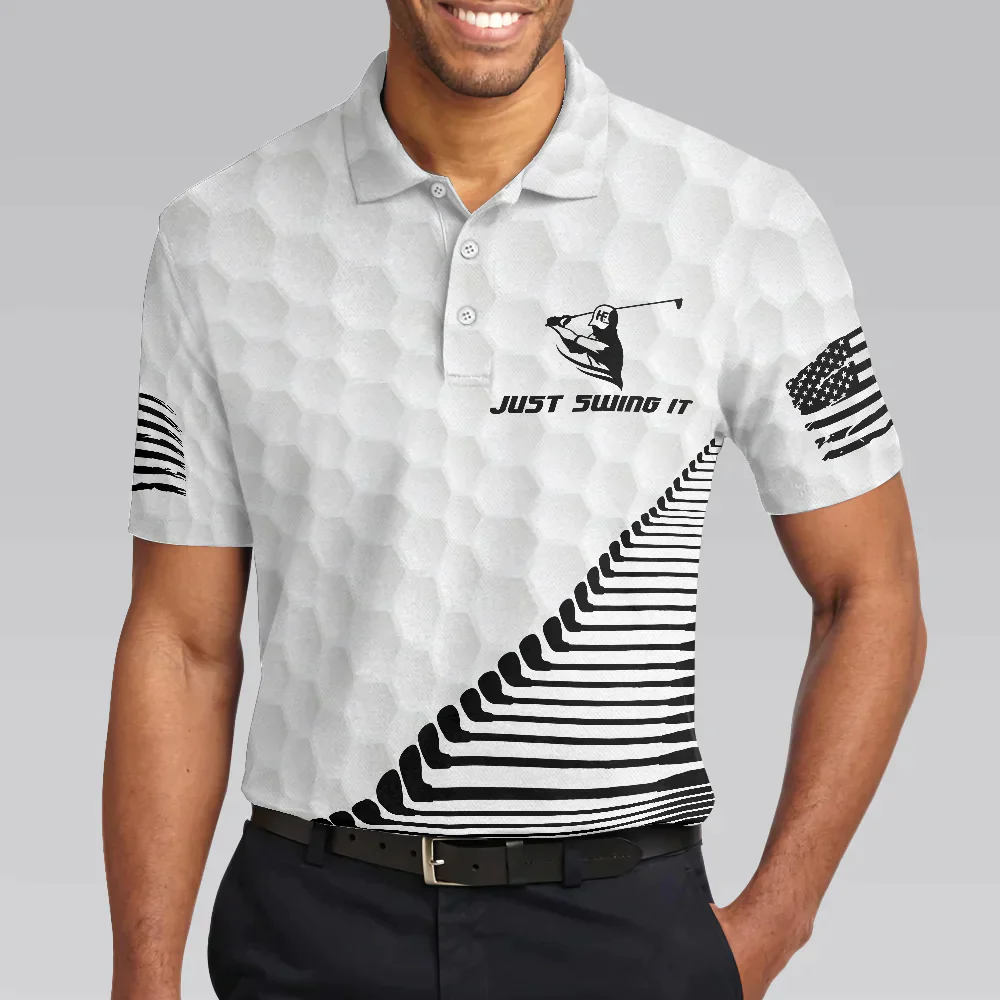 Men Golf Polo Shirt - Black And White American Flag, Just Swing It American Men Golf Polo Shirt - Perfect Polo Shirt For Men, Golfers - Image 5