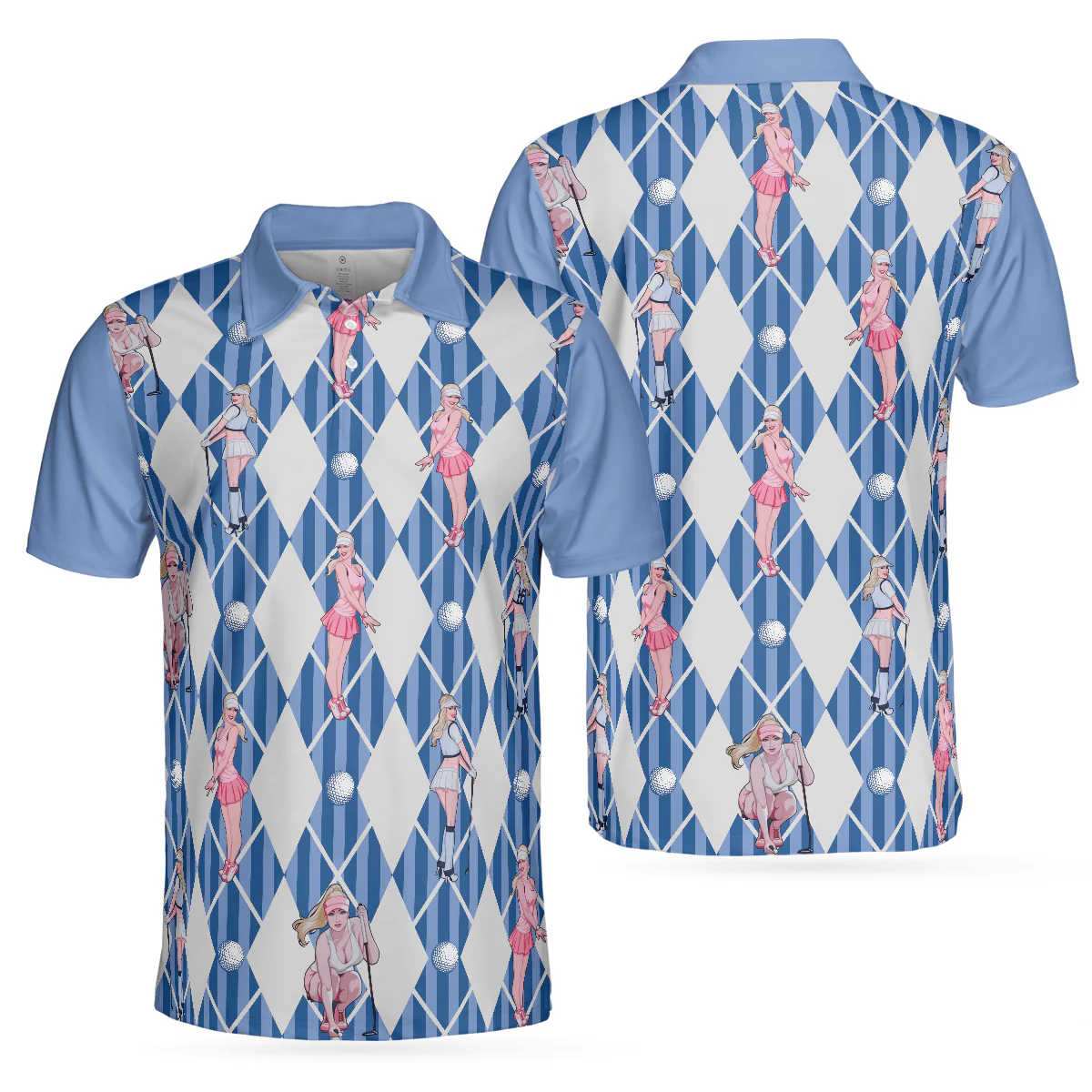 Men Golf Polo Shirt - Blue Hot Golf Short Sleeve Polo Shirt, Argyle Pattern Fun Golf Shirt For Men - Perfect Gift For Men, Golfers